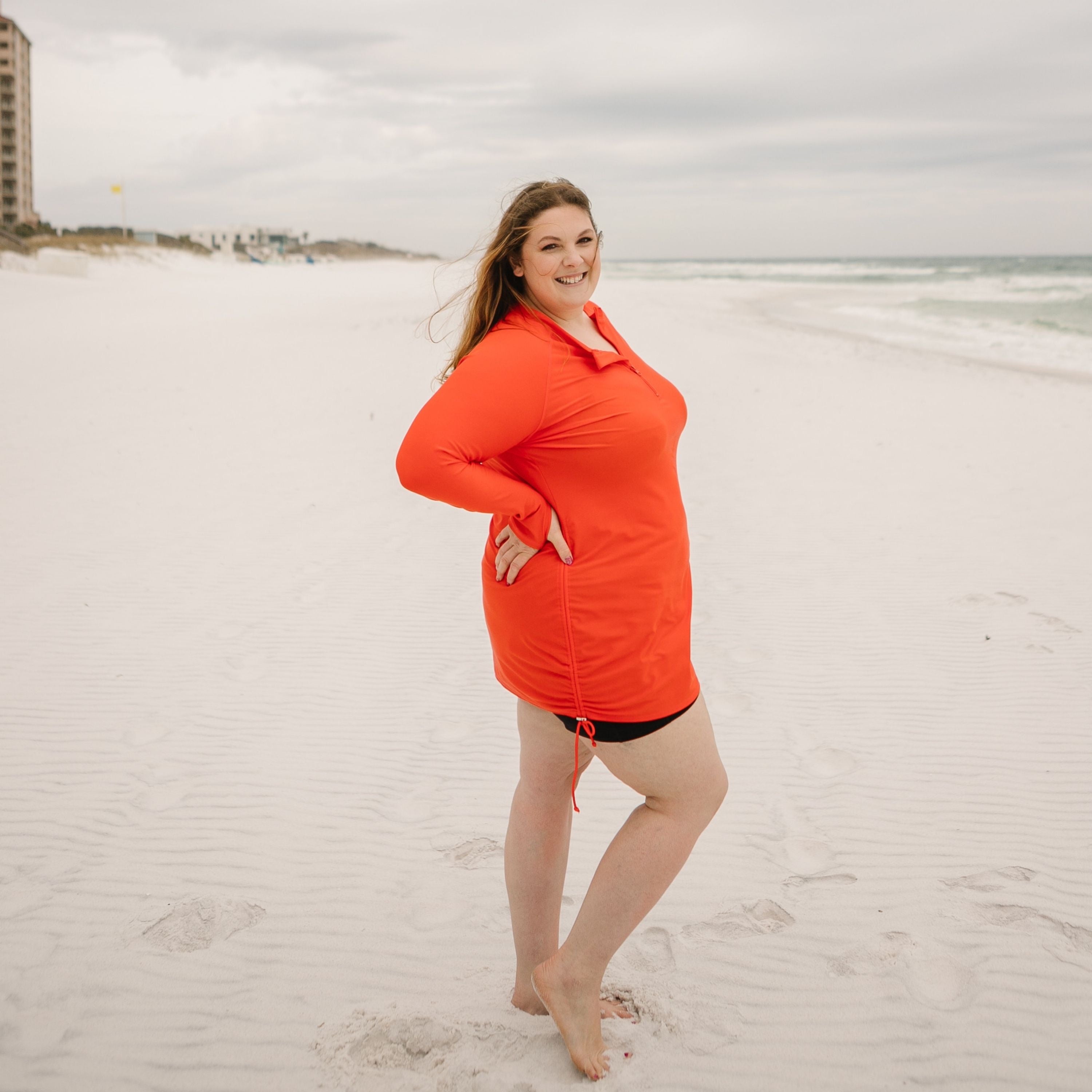 Women's Half Zip Swim Dress Cover Up | "Fiesta Red"-SwimZip UPF 50+ Sun Protective Swimwear & UV Zipper Rash Guards-pos4