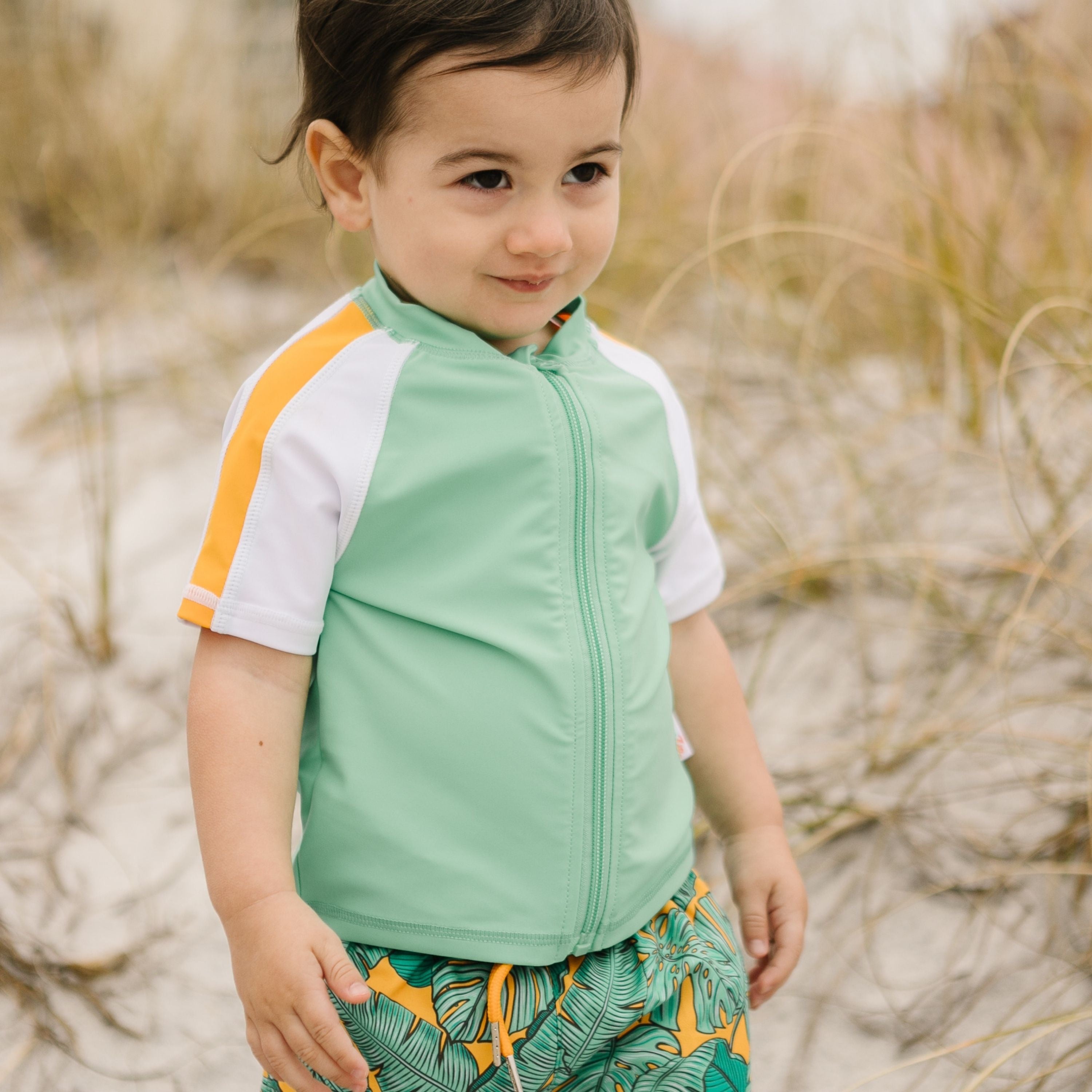 Boys Short Sleeve Zipper Rash Guard and Swim Trunk Set | "The Tropics"-SwimZip UPF 50+ Sun Protective Swimwear & UV Zipper Rash Guards-pos4
