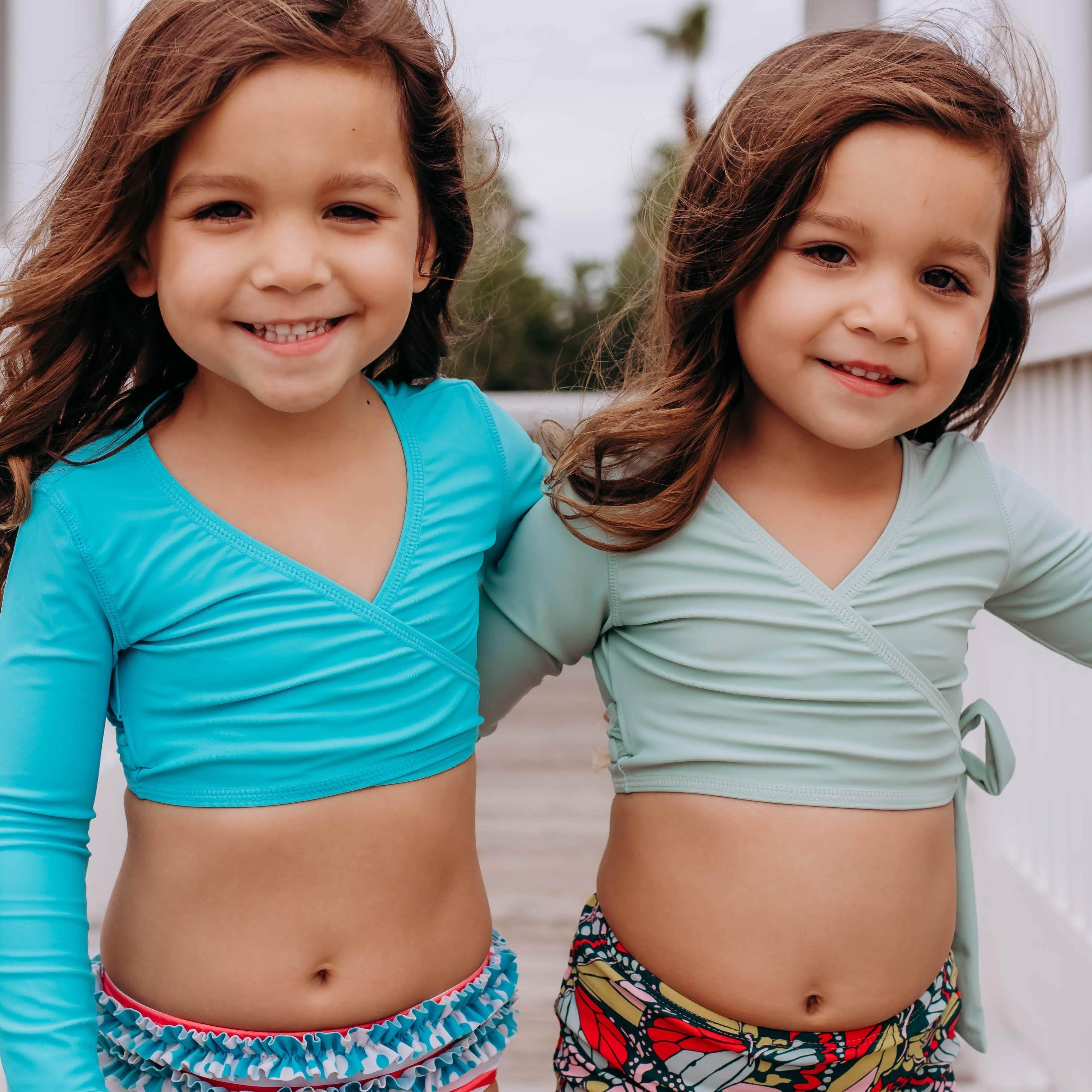 Girls Long Sleeve Swim Wrap Top - "Aqua"-SwimZip UPF 50+ Sun Protective Swimwear & UV Zipper Rash Guards-pos12
