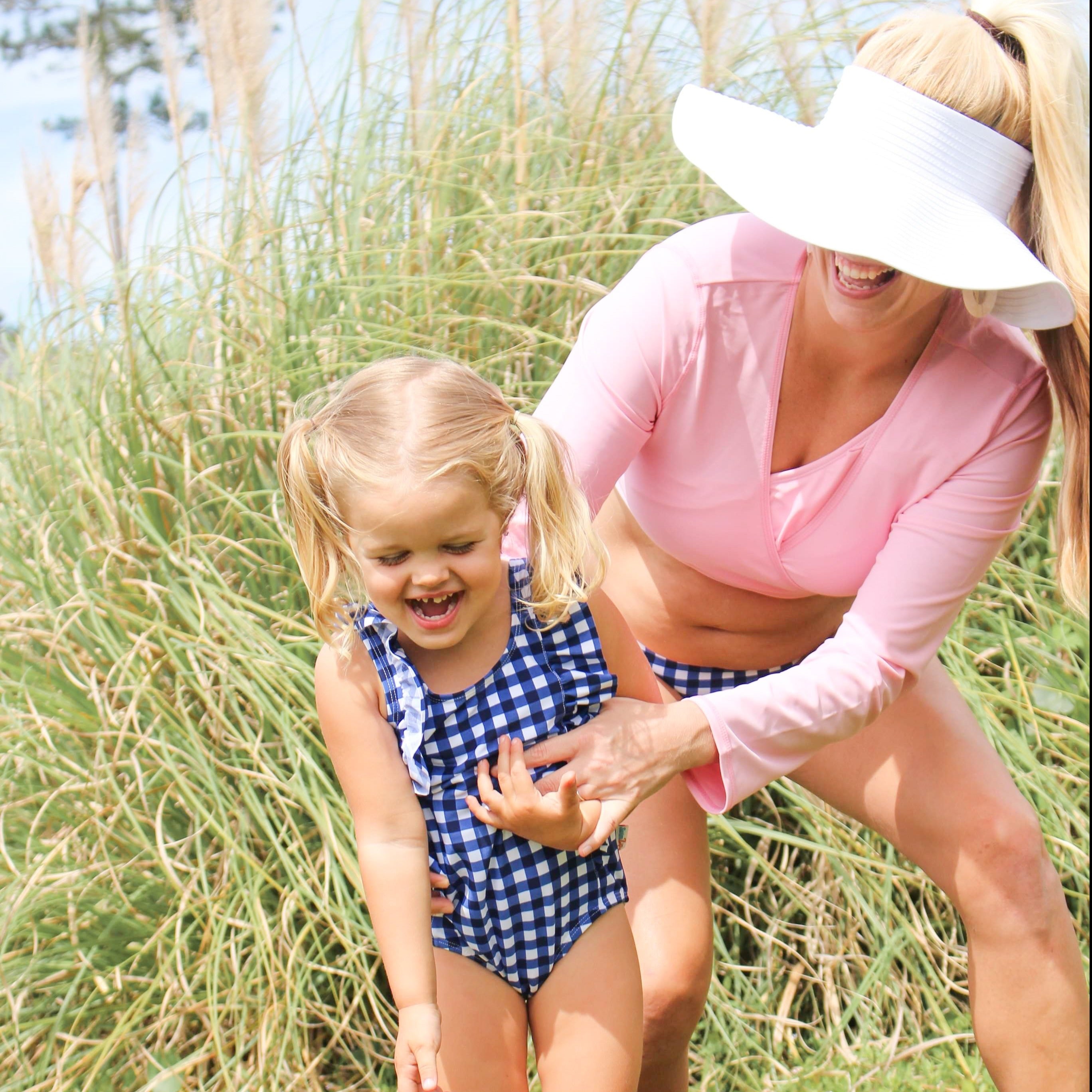 Girls Ruffle One-Piece Swimsuit | "Too Sweet" Navy Gingham-SwimZip UPF 50+ Sun Protective Swimwear & UV Zipper Rash Guards-pos8