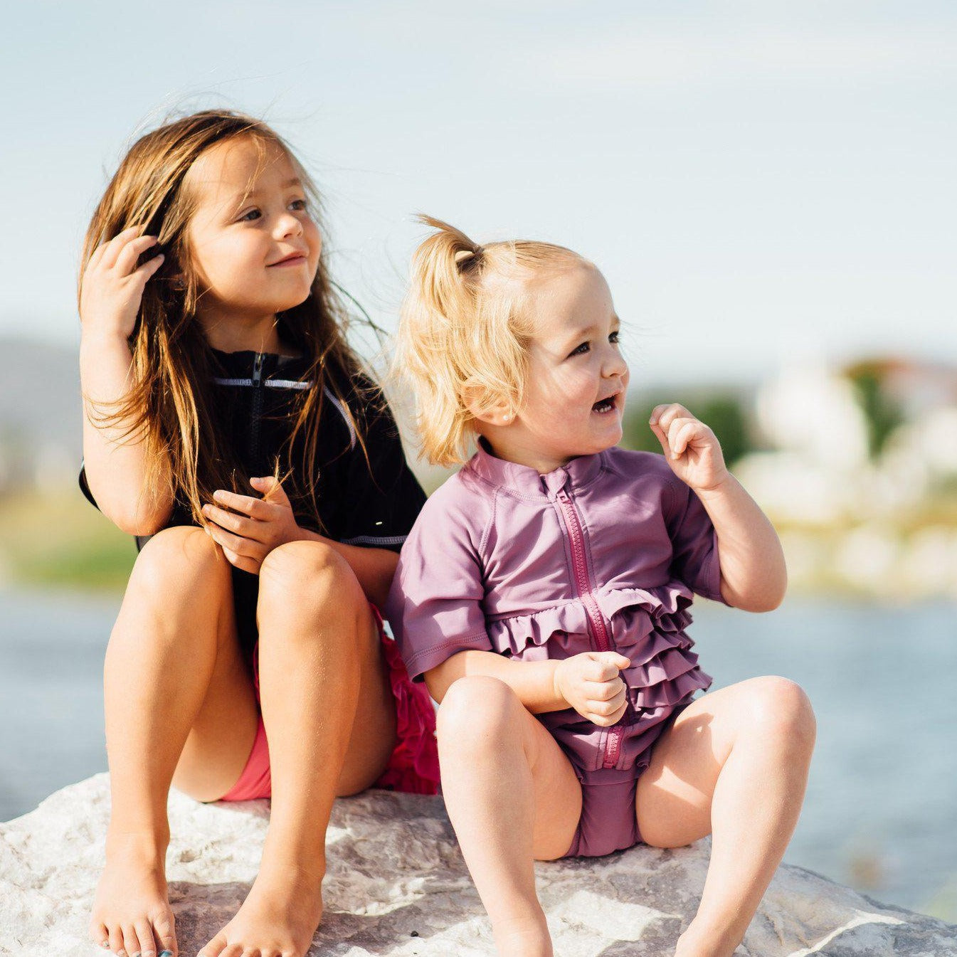 Girls Short Sleeve Rash Guard Swimsuit Set (2 Piece) - "Ruffle Me Pretty" Purple-SwimZip UPF 50+ Sun Protective Swimwear & UV Zipper Rash Guards-pos5