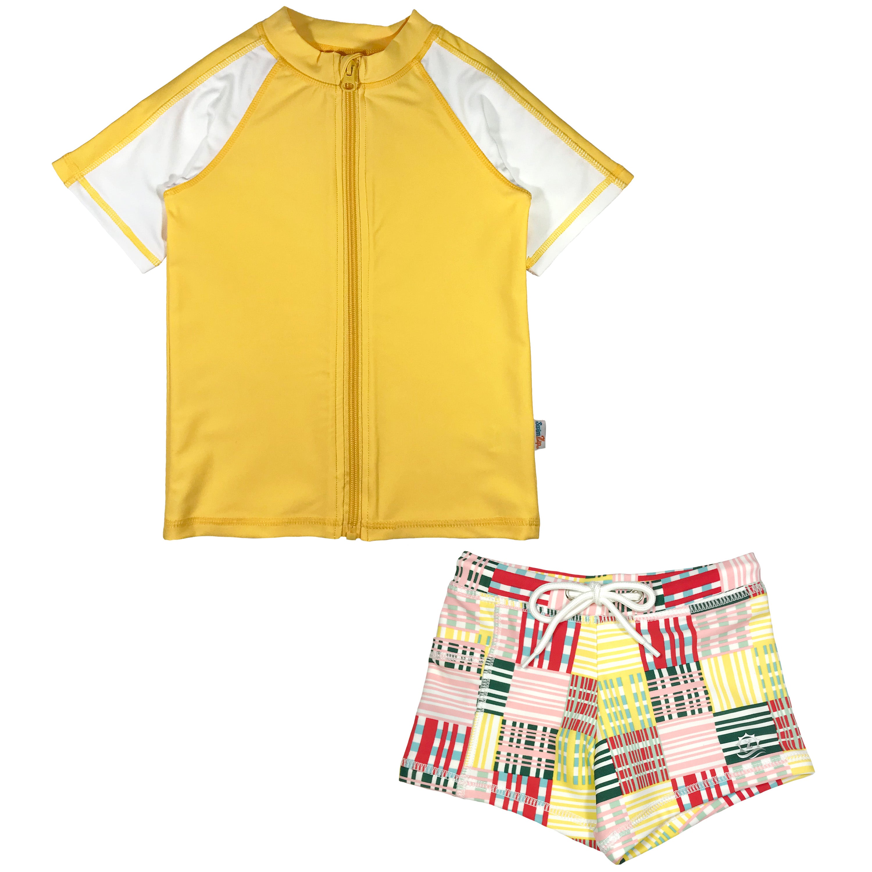 Kids Euro Shorties + Short Sleeve Rash Guard Set - Madras Mania-0-3 Month-Madras Mania-SwimZip UPF 50+ Sun Protective Swimwear & UV Zipper Rash Guards-pos1