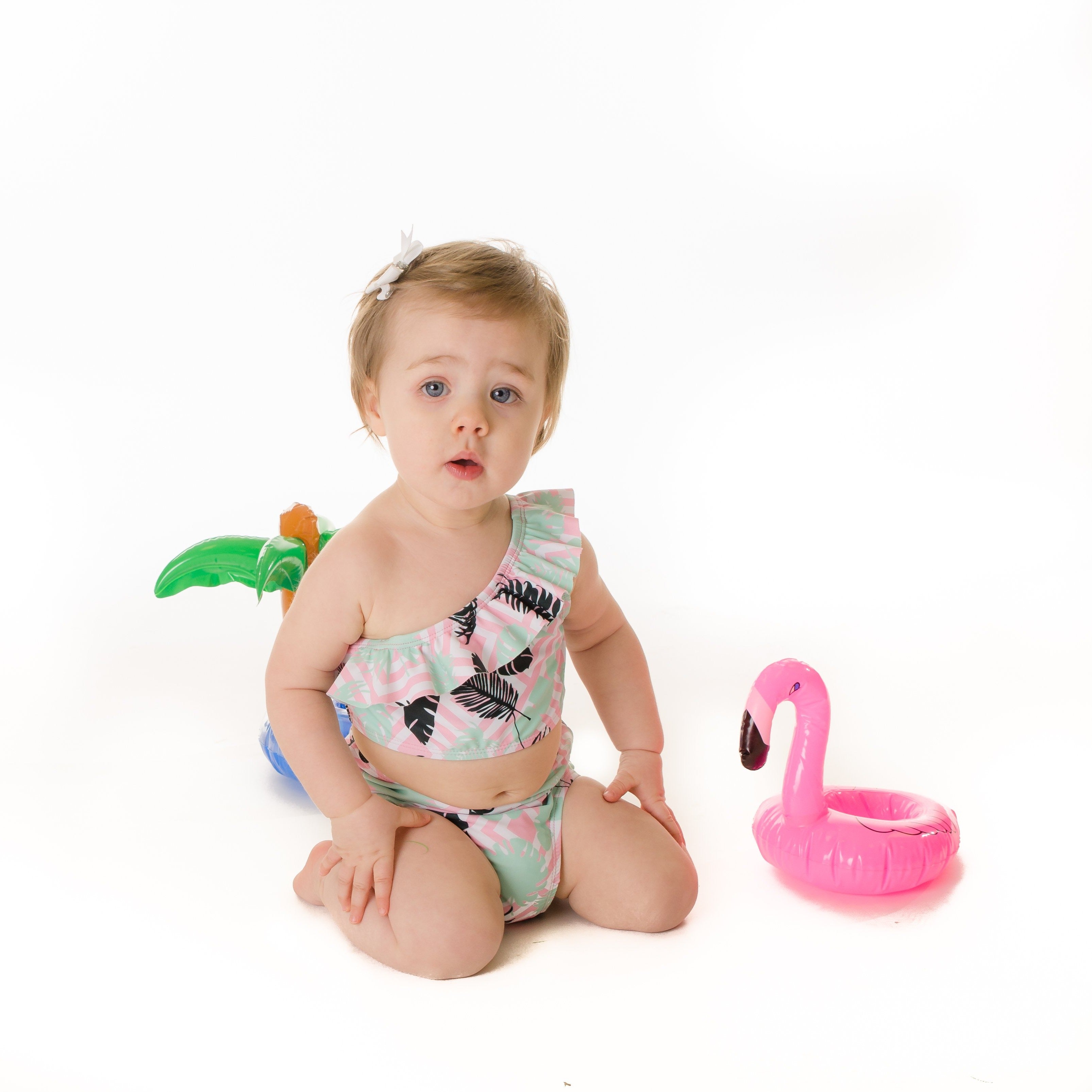 Girls Bikini One-Shoulder + High Waist Bottom Swimsuit Set (2 Piece) - "Palm Breeze"-SwimZip UPF 50+ Sun Protective Swimwear & UV Zipper Rash Guards-pos4