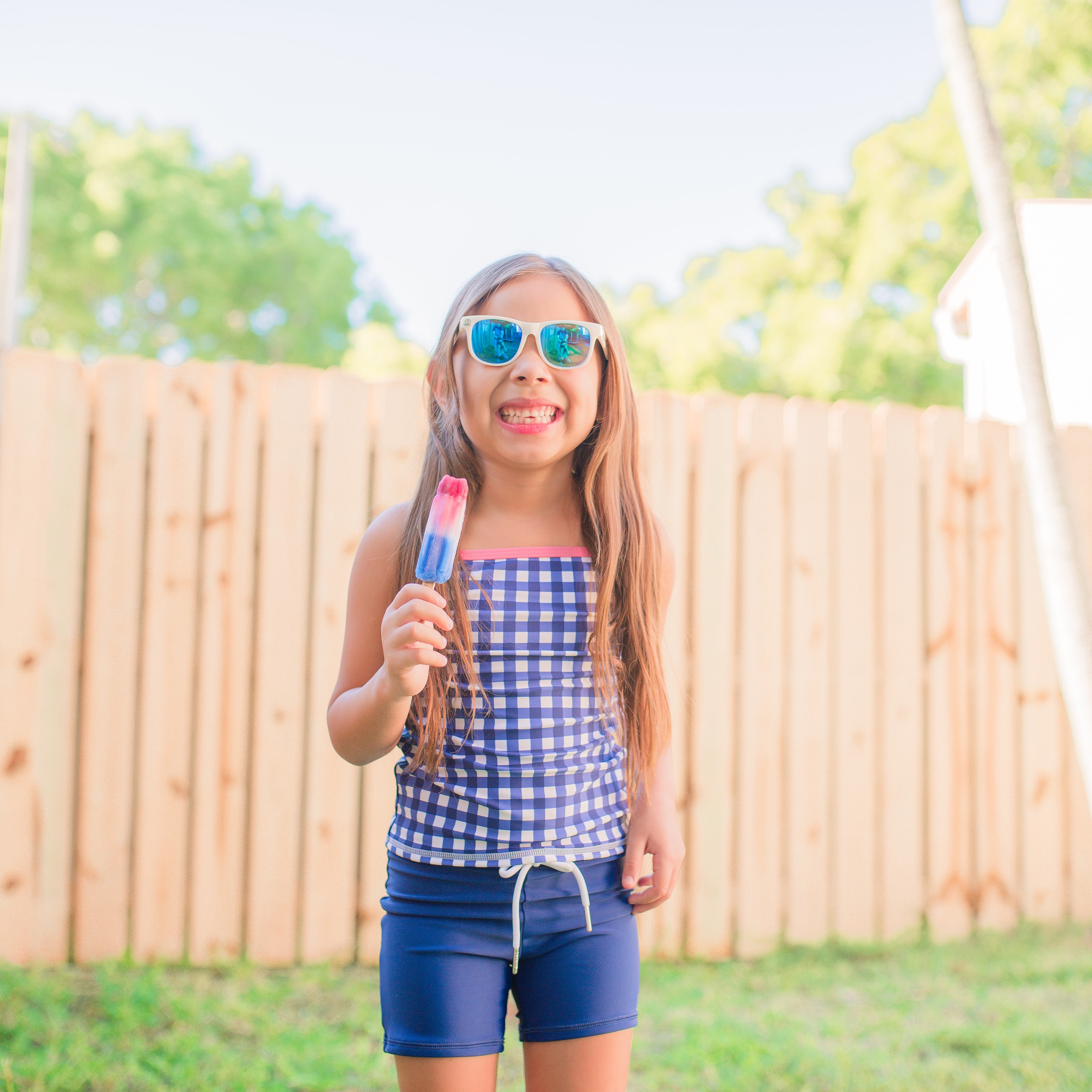 Girls Long Sleeve Rash Guard + Tankini Shorts Set (3 Piece) | "Navy Gingham"-SwimZip UPF 50+ Sun Protective Swimwear & UV Zipper Rash Guards-pos4