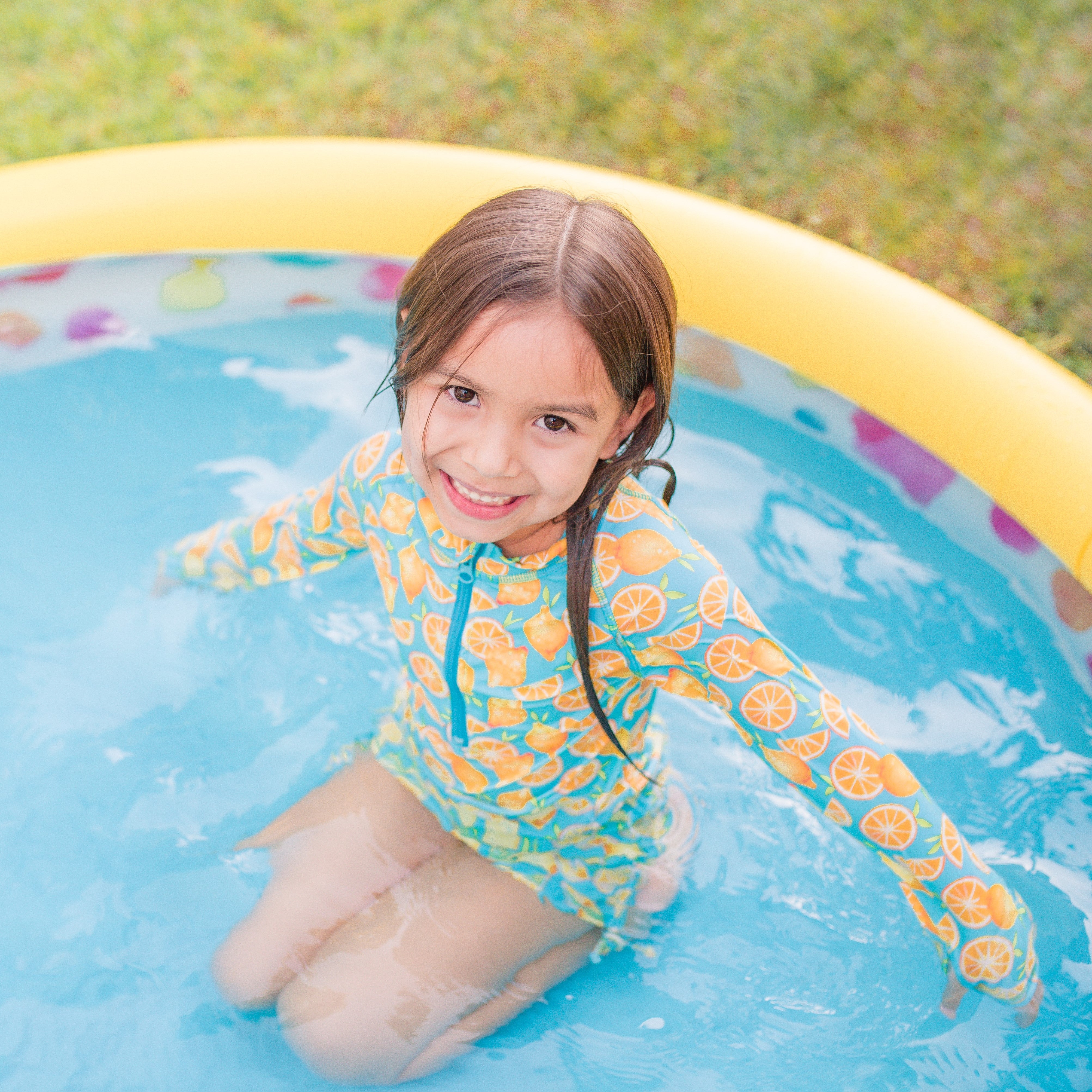 Girls Long Sleeve Swim Dress Cover Up | "Lemons"-SwimZip UPF 50+ Sun Protective Swimwear & UV Zipper Rash Guards-pos2
