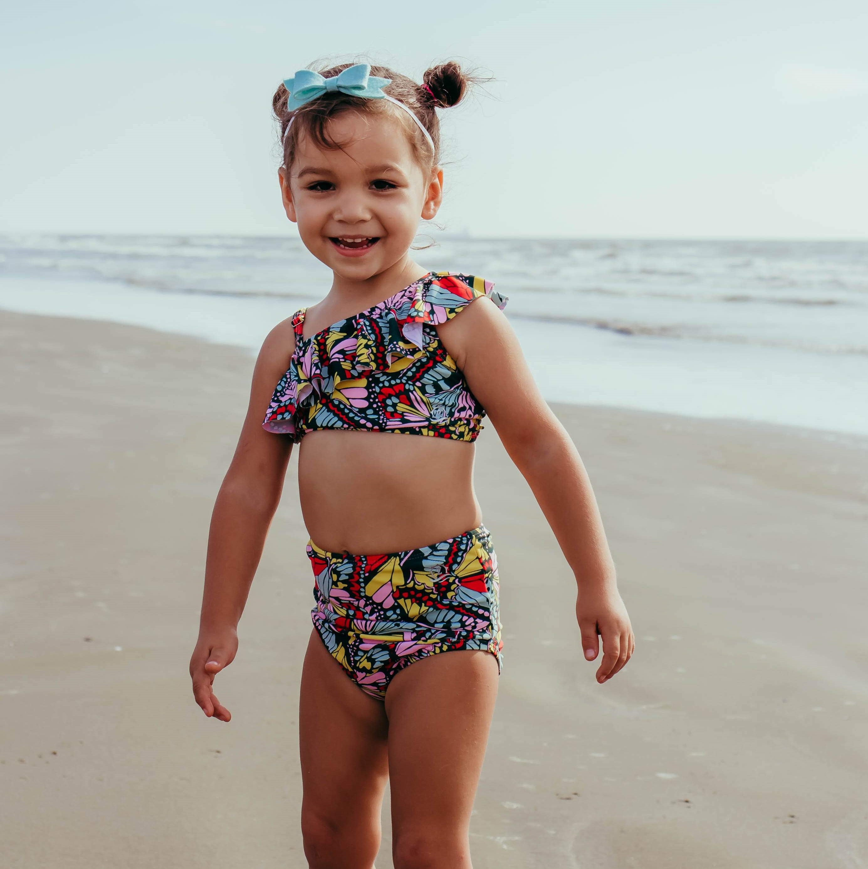 Girls Bikini One-Shoulder + High Waist Bottom Swimsuit Set (2 Piece) - "Butterfly Love"-SwimZip UPF 50+ Sun Protective Swimwear & UV Zipper Rash Guards-pos2
