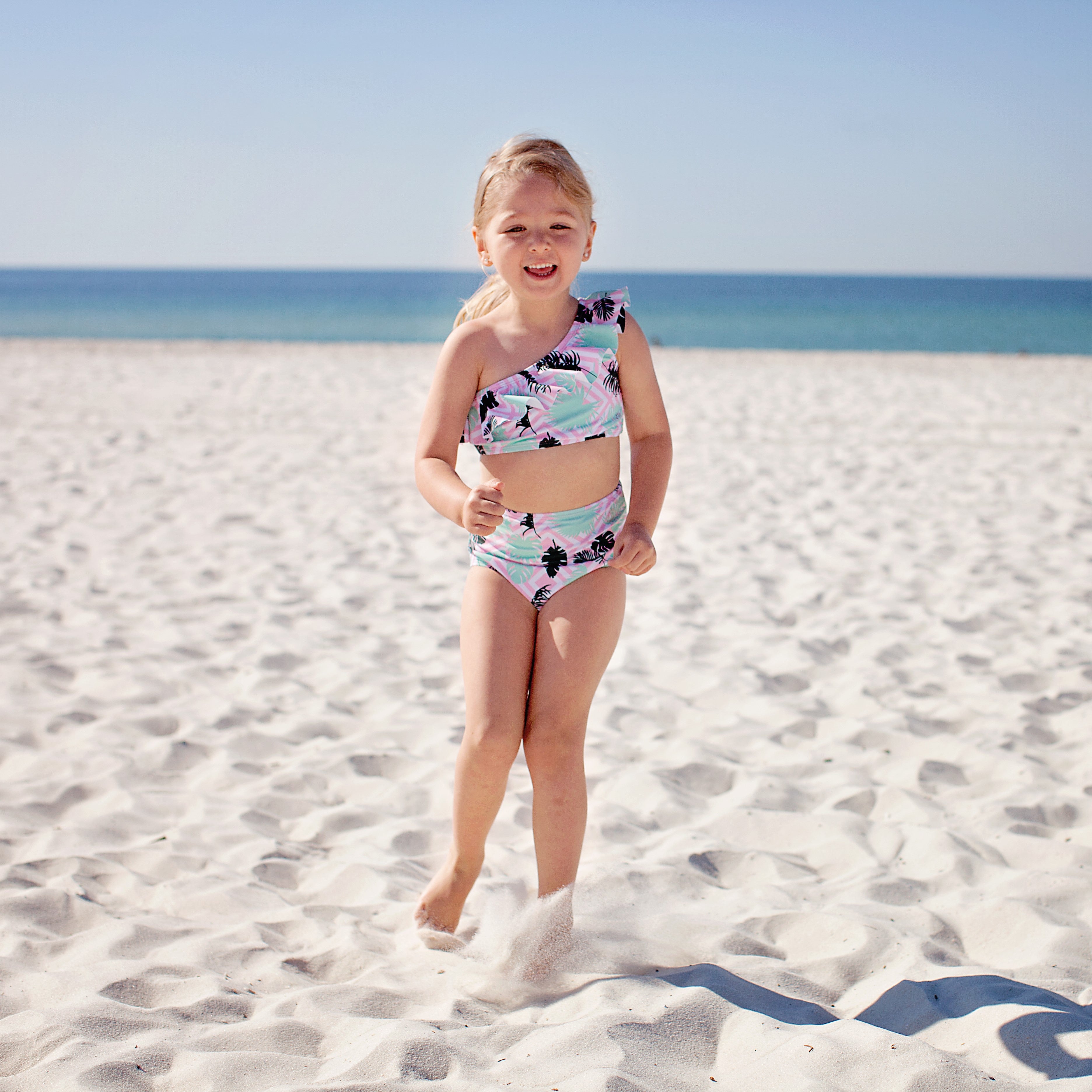 Girls Bikini One-Shoulder + High Waist Bottom Swimsuit Set (2 Piece) - "Palm Breeze"-SwimZip UPF 50+ Sun Protective Swimwear & UV Zipper Rash Guards-pos2