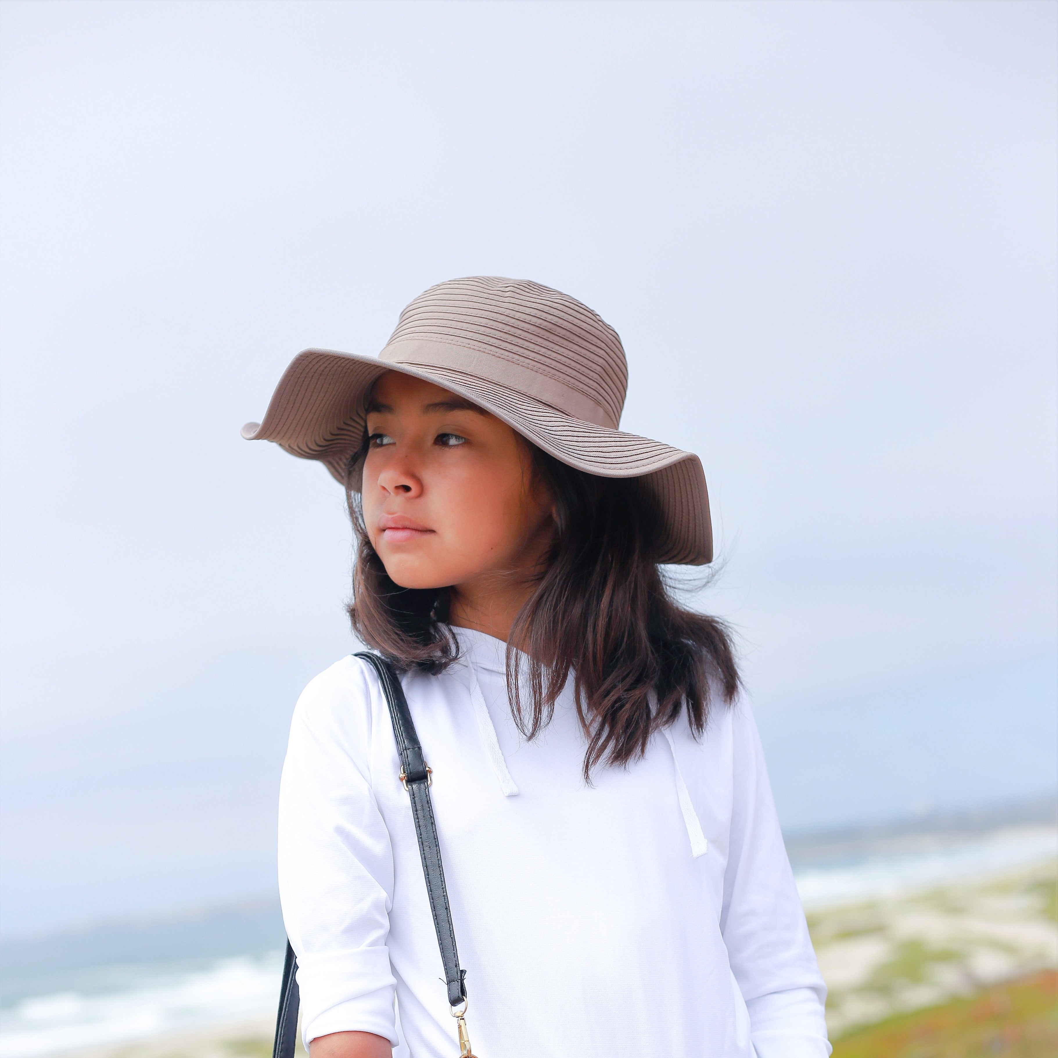 Girls Wide Brim Sun Hat - Brown-SwimZip UPF 50+ Sun Protective Swimwear & UV Zipper Rash Guards-pos15