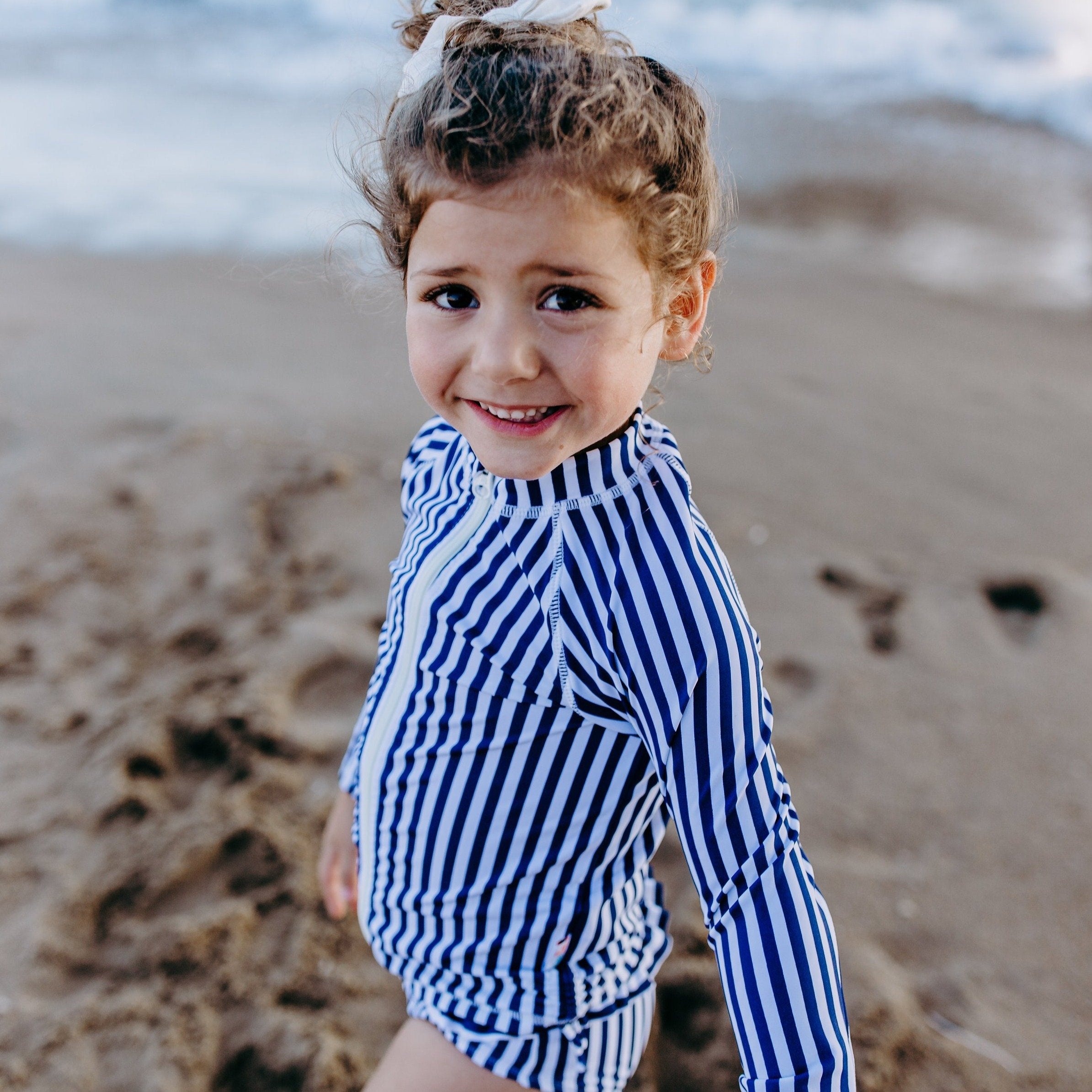 Girls Long Sleeve Rash Guard - “Mini Navy Stripe”-SwimZip UPF 50+ Sun Protective Swimwear & UV Zipper Rash Guards-pos3
