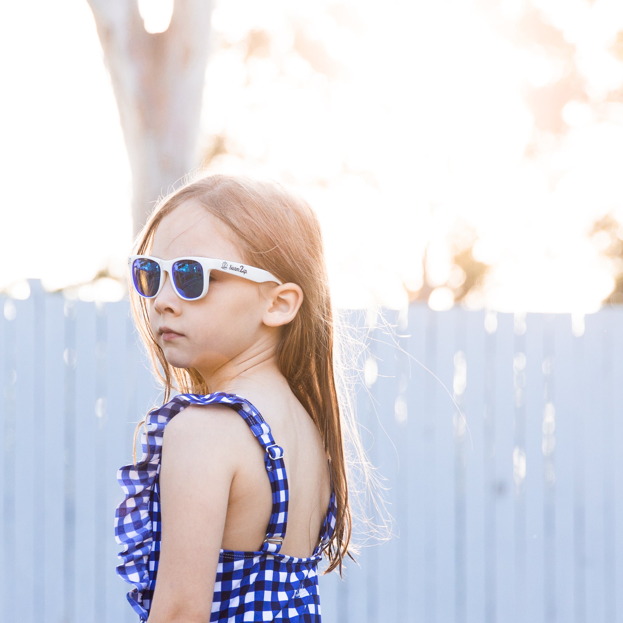 Girls Ruffle One-Piece Swimsuit | "Too Sweet" Navy Gingham-SwimZip UPF 50+ Sun Protective Swimwear & UV Zipper Rash Guards-pos5