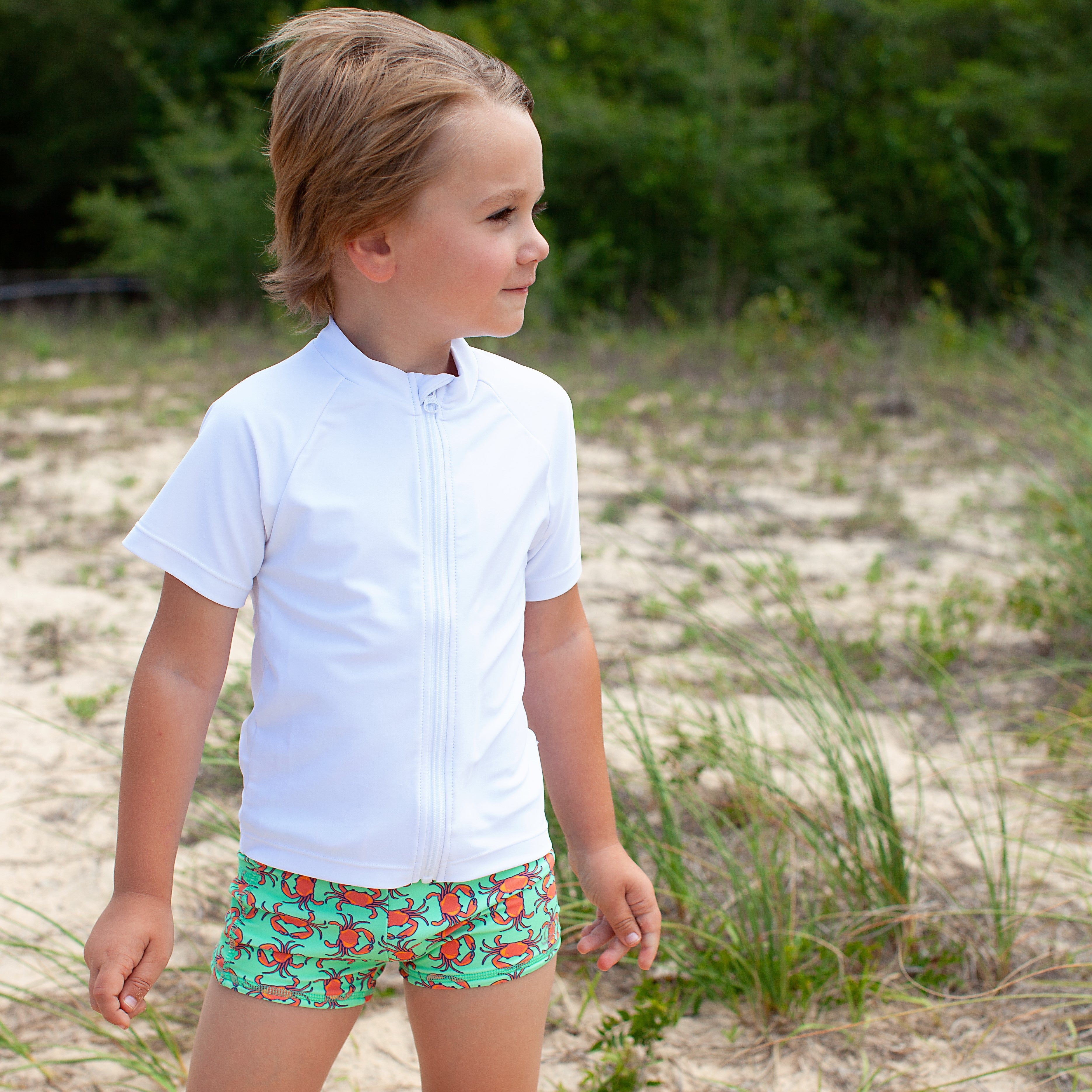 Kids Euro Swim Shorties | "Don't Be A Crab-SwimZip UPF 50+ Sun Protective Swimwear & UV Zipper Rash Guards-pos2