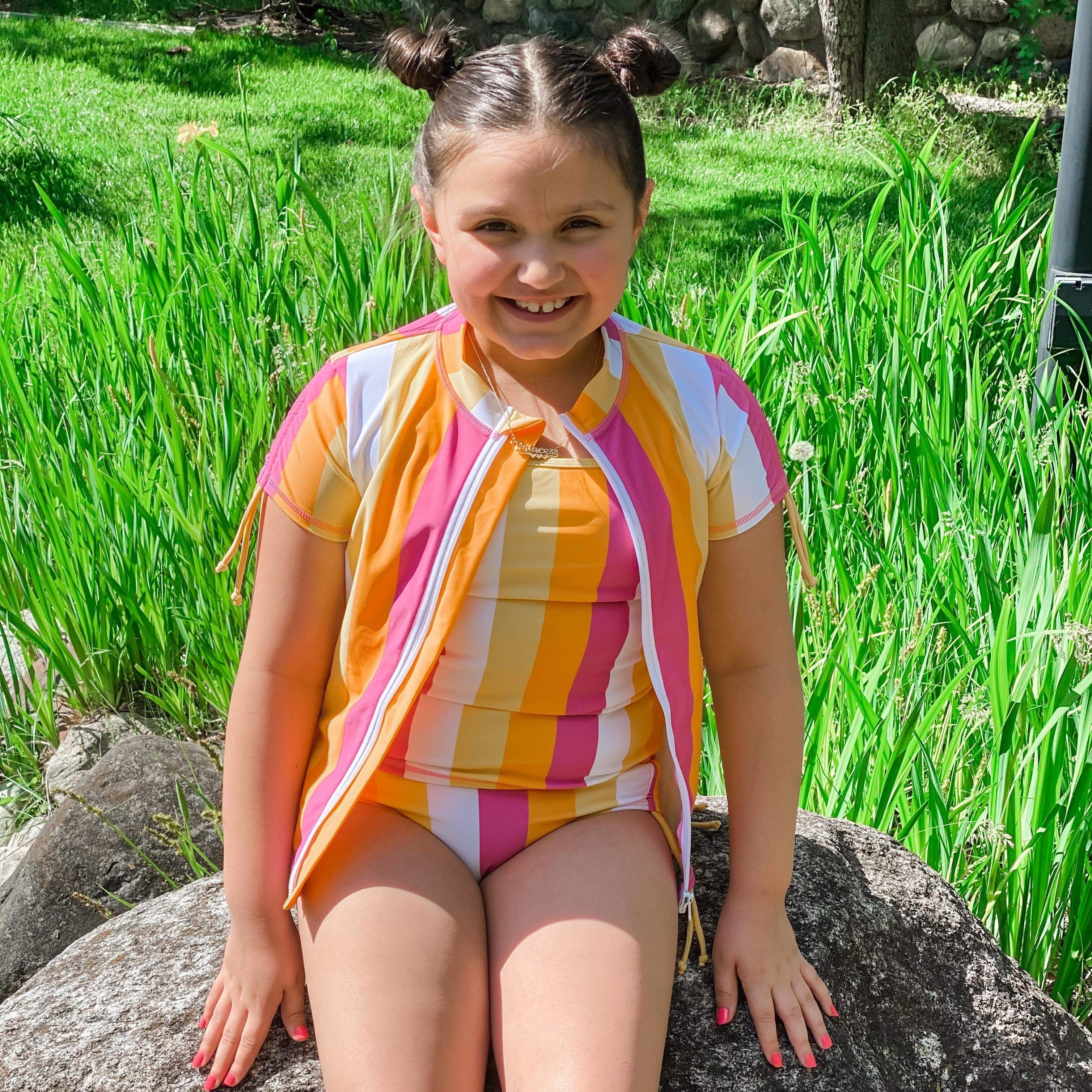 Girls Short Sleeve Rash Guard + Tankini Bikini Set (3 Piece) | "Be Bold”-SwimZip UPF 50+ Sun Protective Swimwear & UV Zipper Rash Guards-pos4