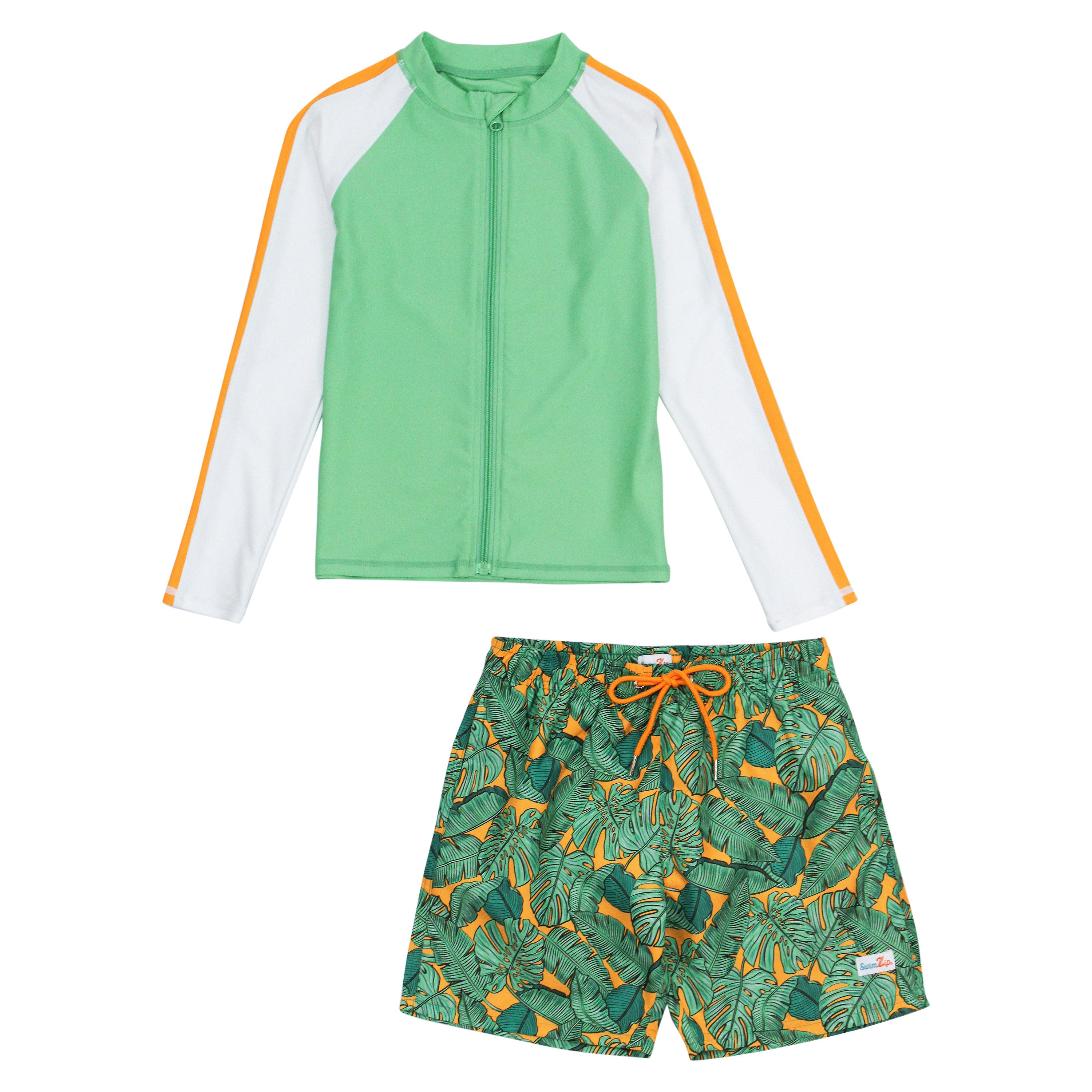 Boys Long Sleeve Zipper Rash Guard and Swim Trunk Set | "The Tropics"-SwimZip UPF 50+ Sun Protective Swimwear & UV Zipper Rash Guards-pos1