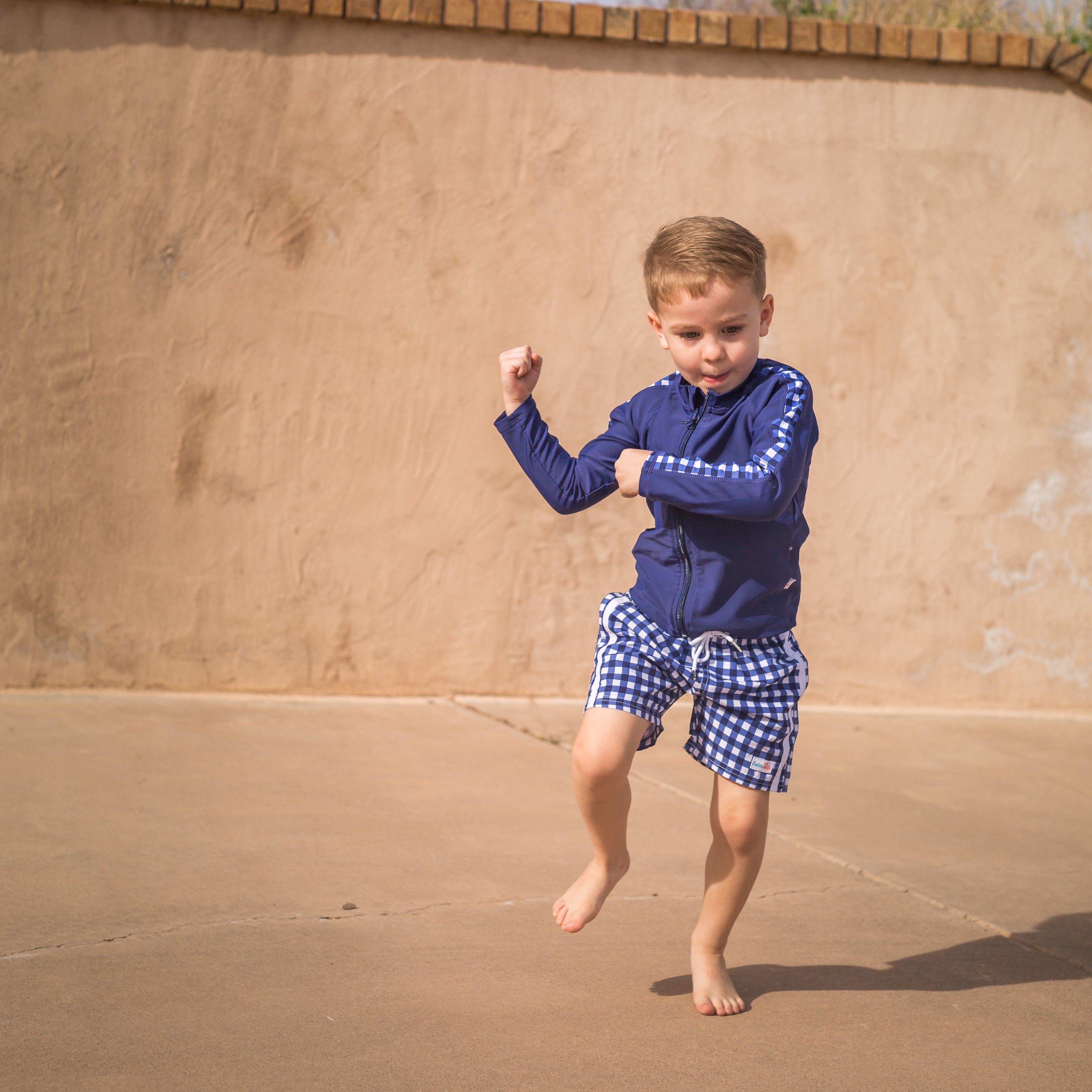 Boys Long Sleeve Zipper Rash Guard and Swim Trunk Set | "Navy Gingham"-SwimZip UPF 50+ Sun Protective Swimwear & UV Zipper Rash Guards-pos8