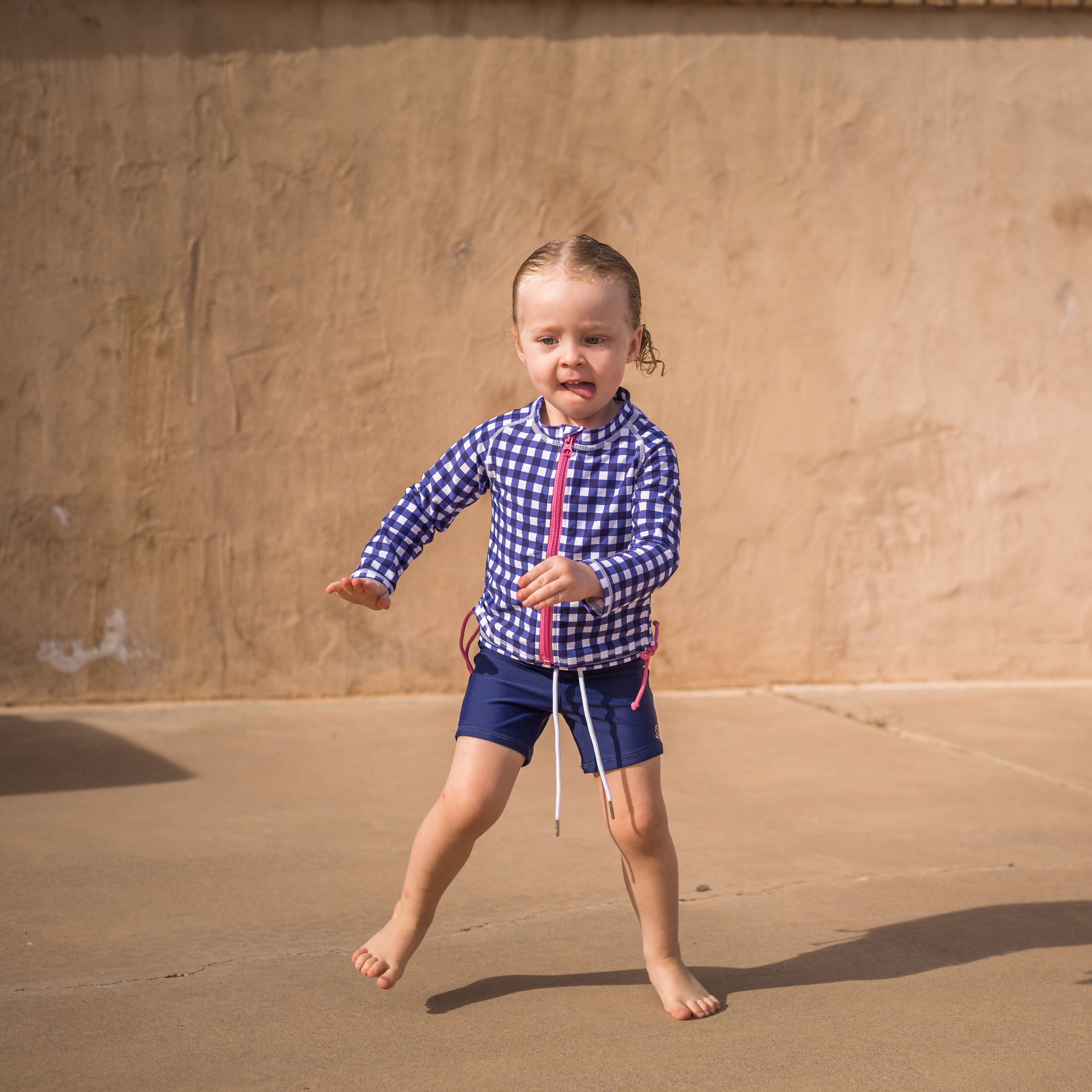 Girls Long Sleeve Rash Guard + Tankini Shorts Set (3 Piece) | "Navy Gingham"-SwimZip UPF 50+ Sun Protective Swimwear & UV Zipper Rash Guards-pos10