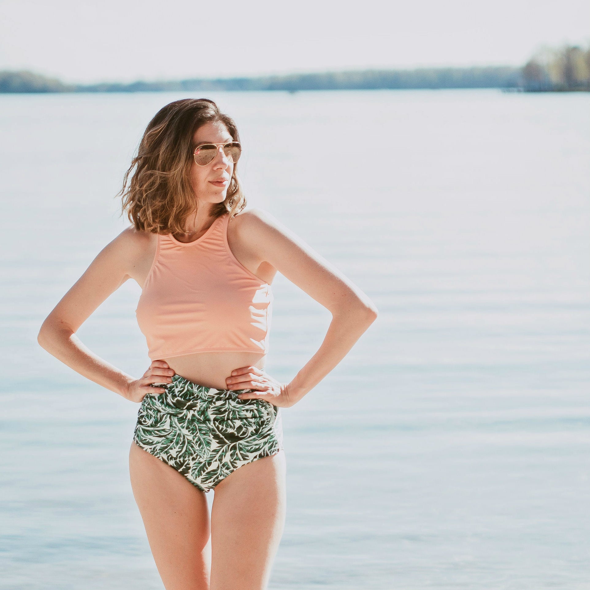 Women's High Waist Bikini Bottoms Ruched | "Palm Leaf"-SwimZip UPF 50+ Sun Protective Swimwear & UV Zipper Rash Guards-pos6