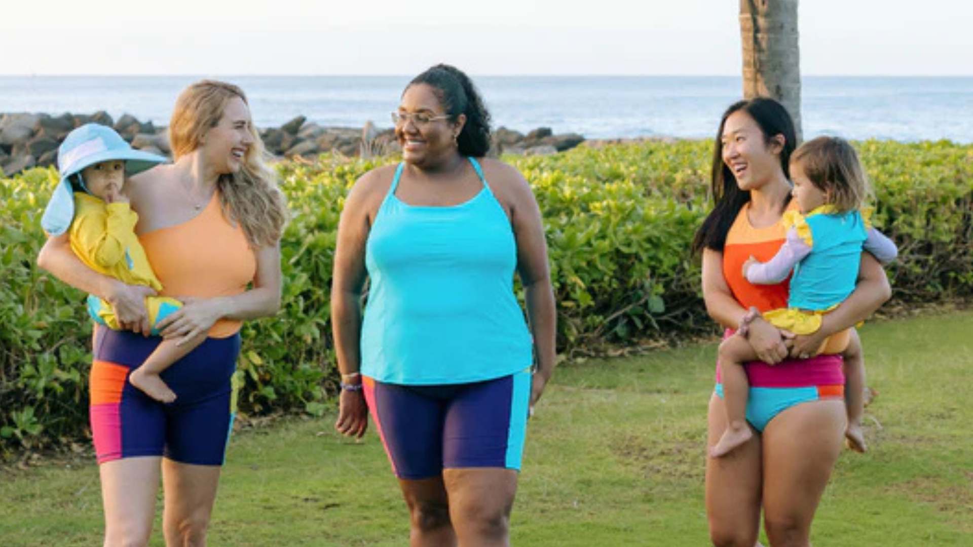 Women with their kids in SwimZip sun protective swimwear—What are the best swimsuits for curvy women?