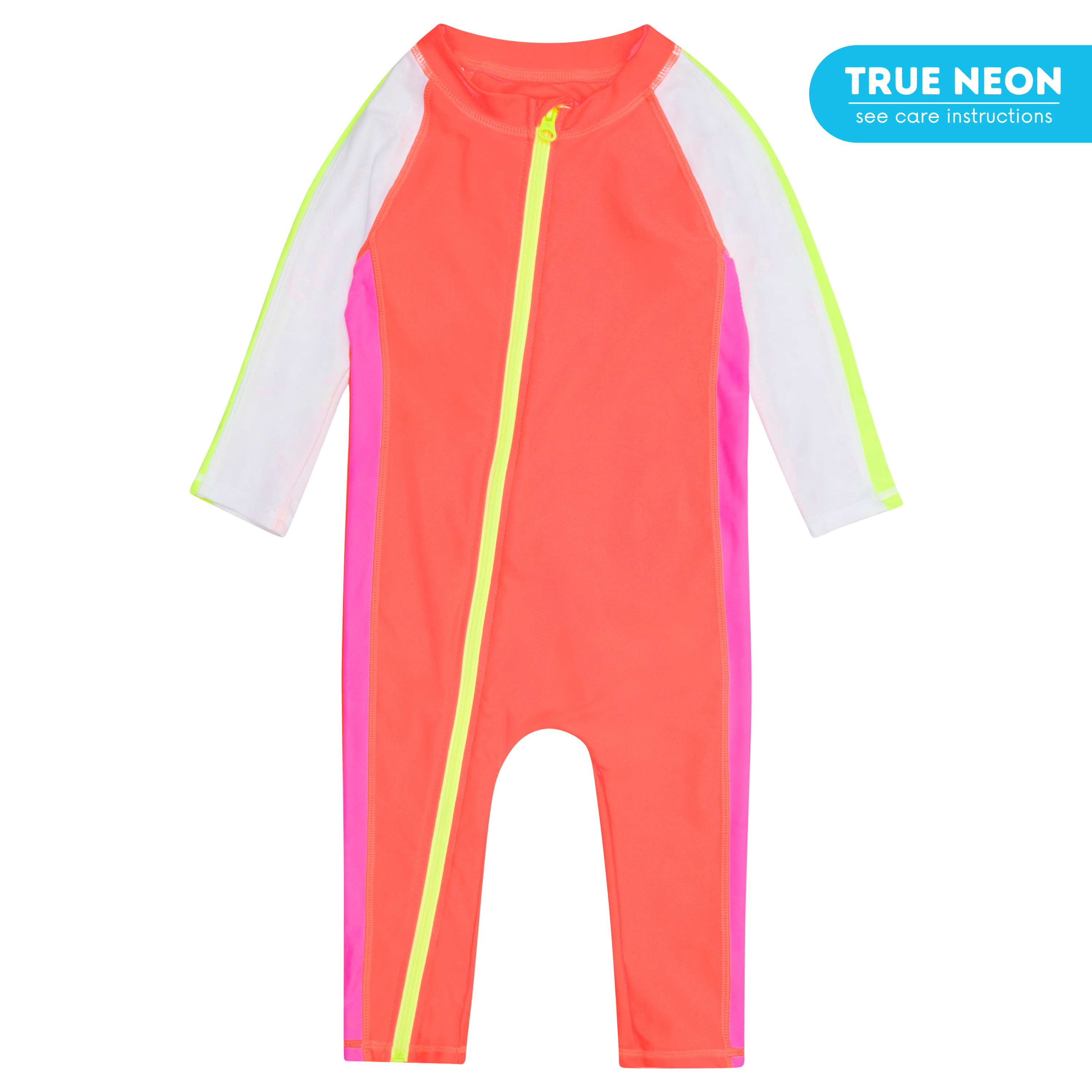 Sunsuit - Long Sleeve Romper Swimsuit | "Neon Orange/White"-0-6 Month-Neon Orange/White-SwimZip UPF 50+ Sun Protective Swimwear & UV Zipper Rash Guards-pos1