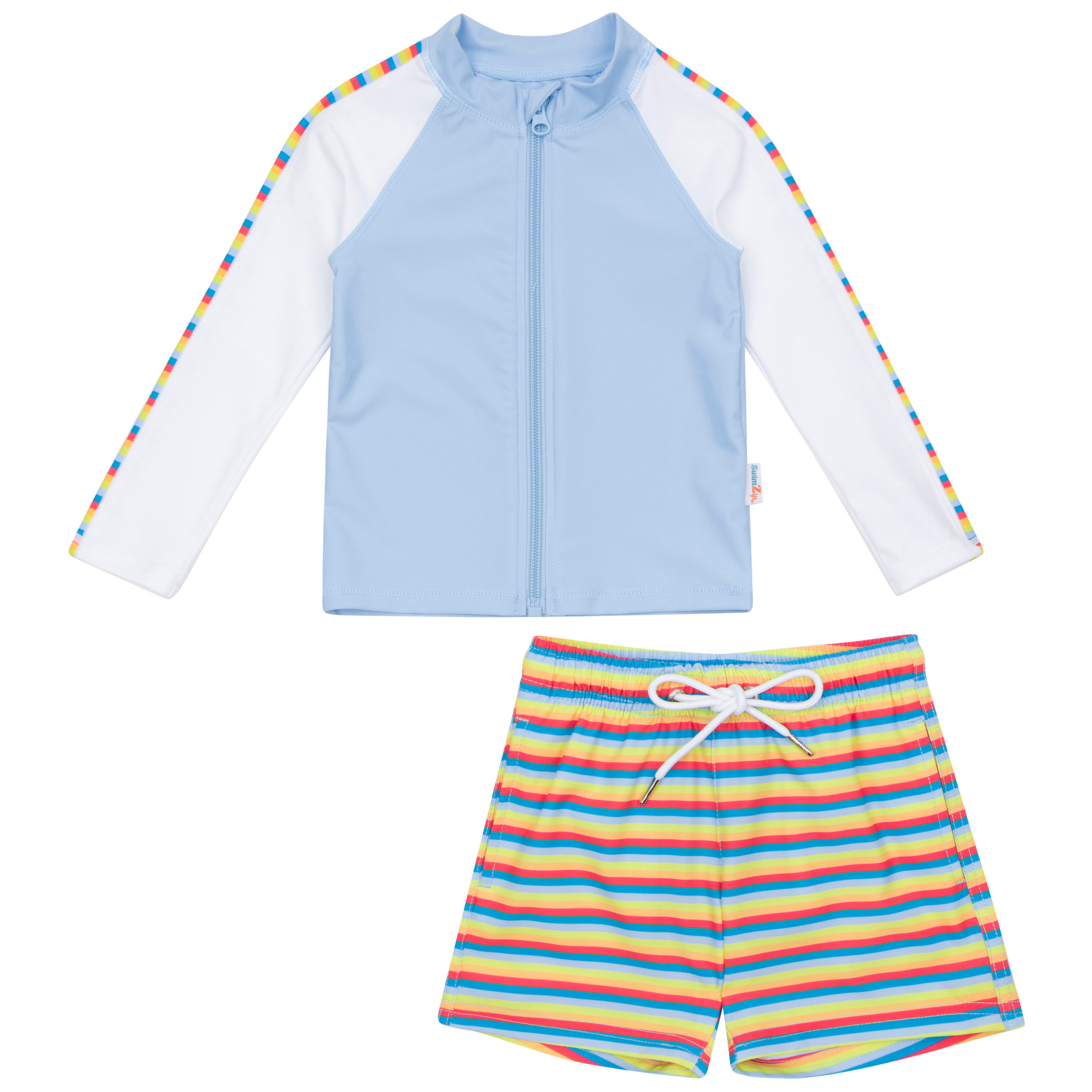 Boys Long Sleeve Zipper Rash Guard and Swim Trunk Set | "Sunny Stripe"-0-3 Month-Sunny Stripe-SwimZip UPF 50+ Sun Protective Swimwear & UV Zipper Rash Guards-pos1
