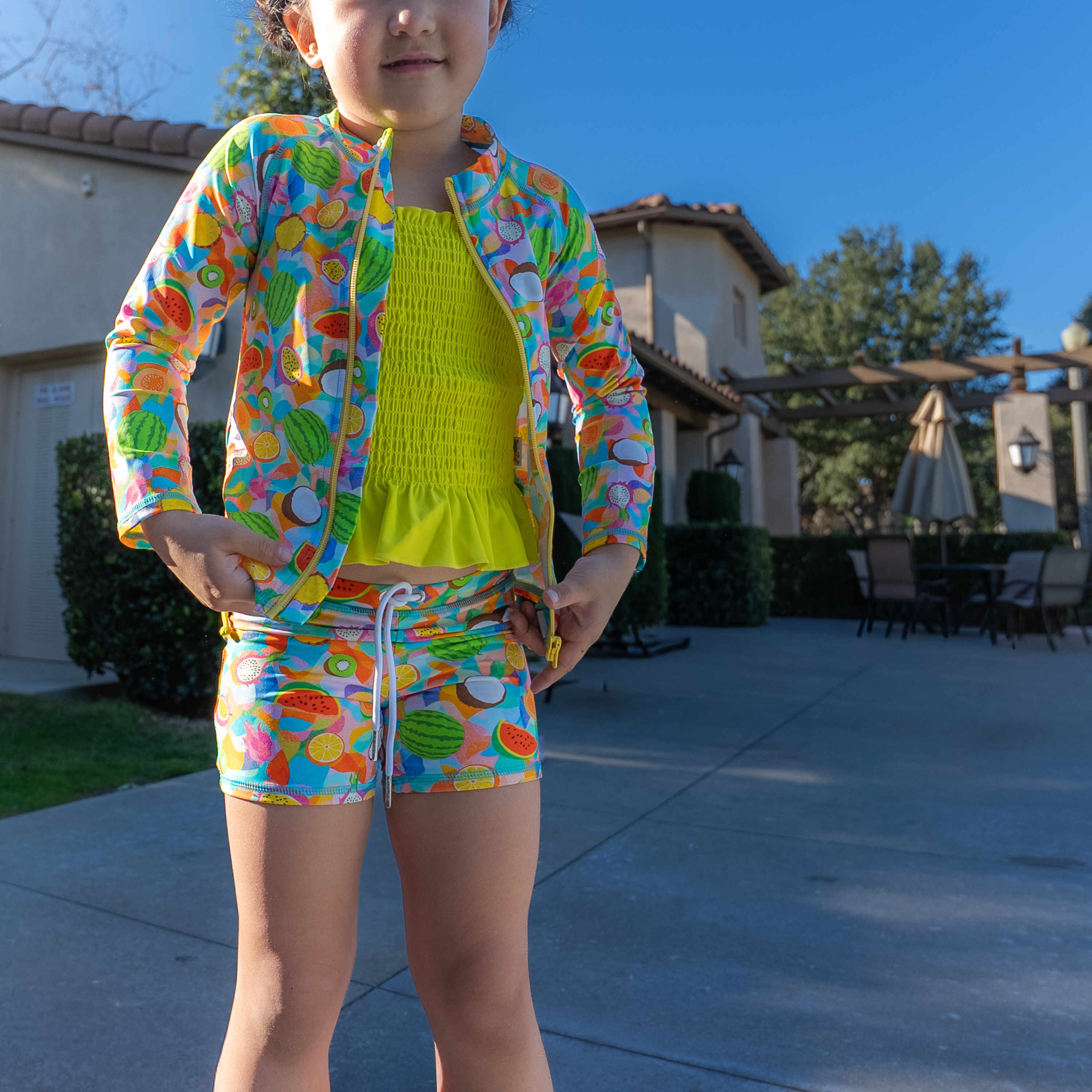 Girls Long Sleeve Rash Guard + Smocked Tankini Shorts Set (3 Piece) | "Fruit Salad"-SwimZip UPF 50+ Sun Protective Swimwear & UV Zipper Rash Guards-pos10