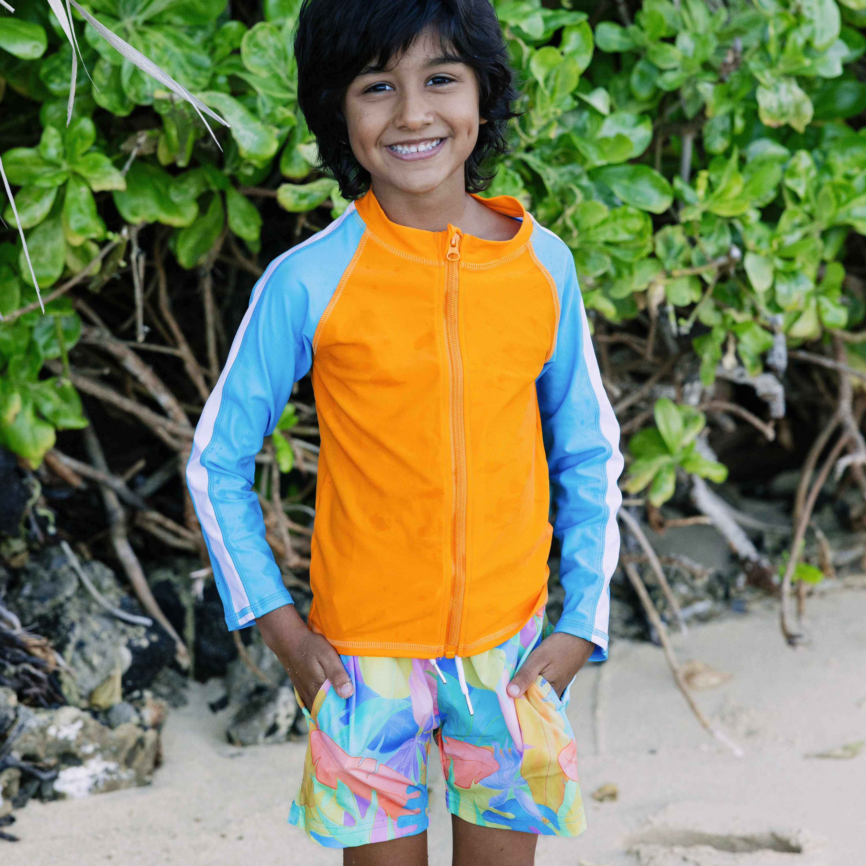 Boys Long Sleeve Zipper Rash Guard and Swim Trunk Set | "Vibrant Vacay"-SwimZip UPF 50+ Sun Protective Swimwear & UV Zipper Rash Guards-pos2