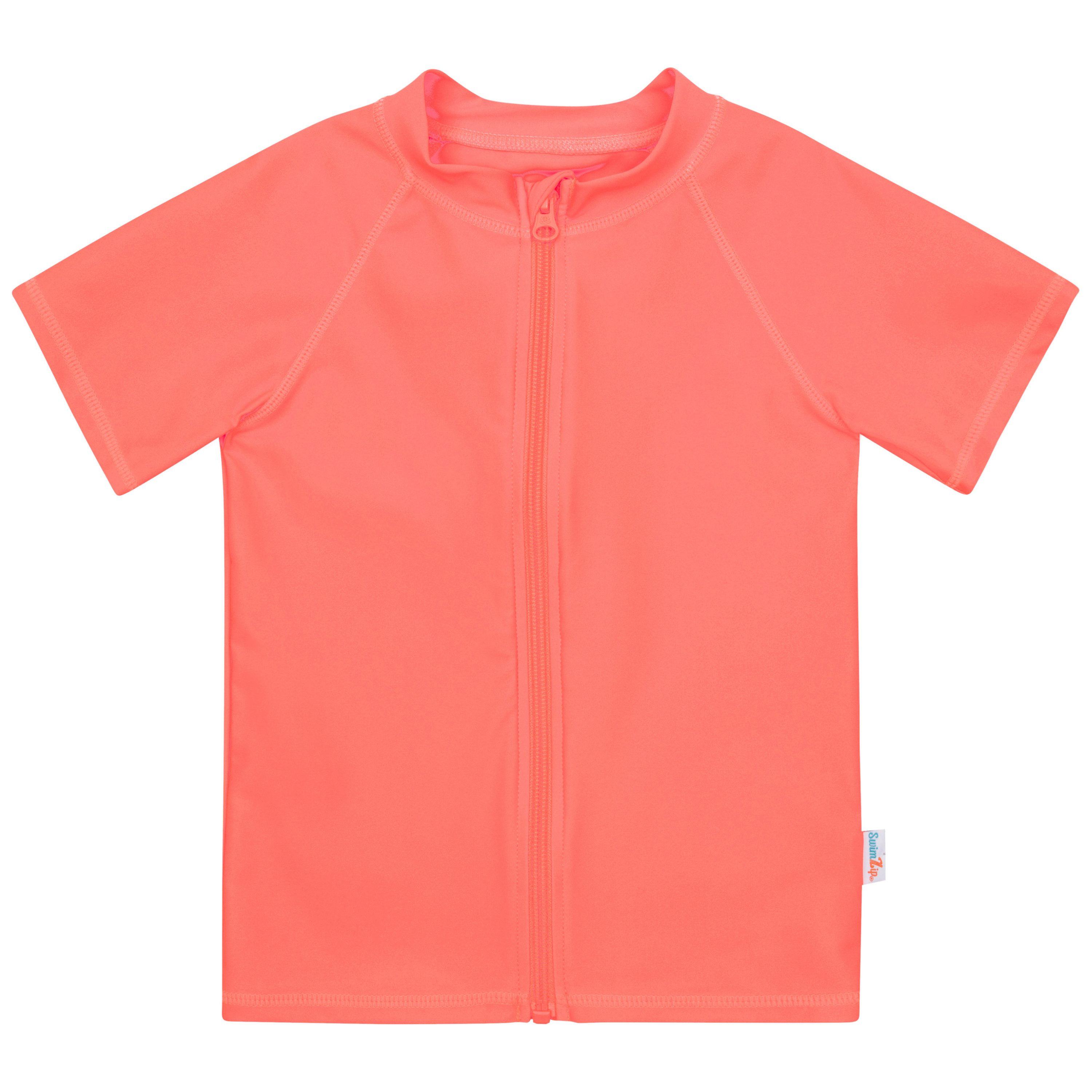 Kids Short Sleeve Zipper Rash Guard Swim Shirt | “Neon Orange”-6-12 Month-Neon Orange-SwimZip UPF 50+ Sun Protective Swimwear & UV Zipper Rash Guards-pos1