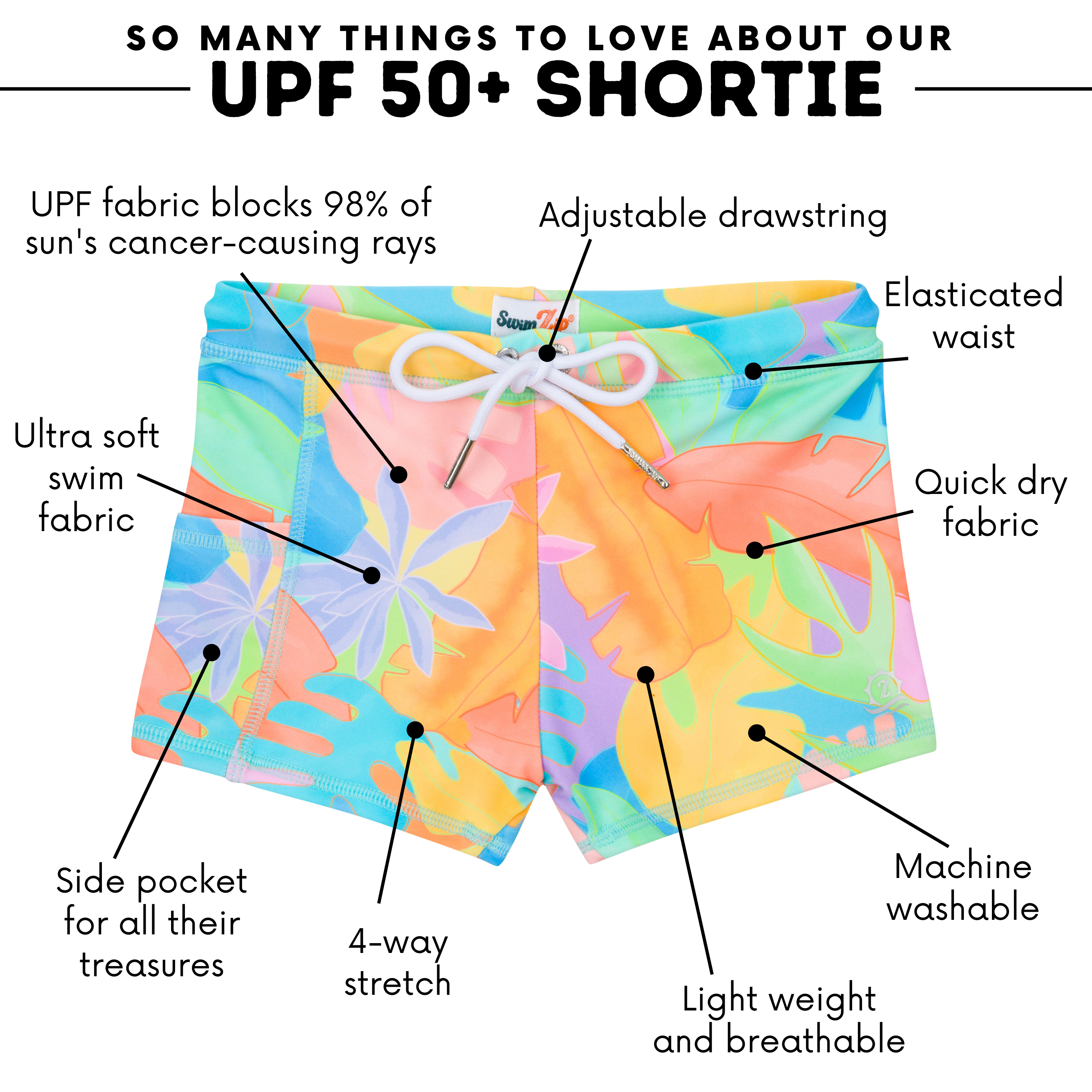 Kids Euro Swim Shorties | "Vibrant Vacay"-SwimZip UPF 50+ Sun Protective Swimwear & UV Zipper Rash Guards-pos3