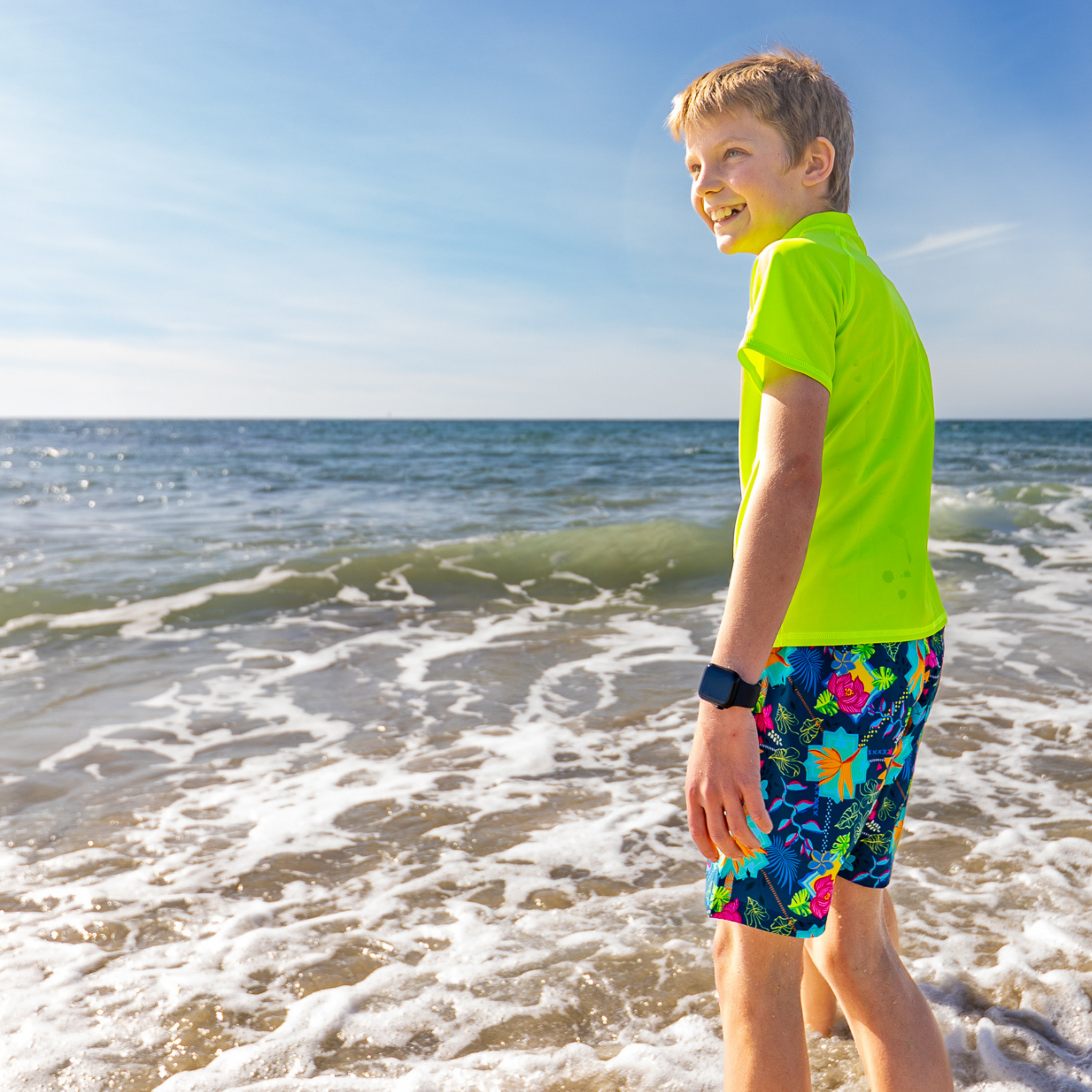 Kids Short Sleeve Zipper Rash Guard Swim Shirt | “Electric Green"-SwimZip UPF 50+ Sun Protective Swimwear & UV Zipper Rash Guards-pos7