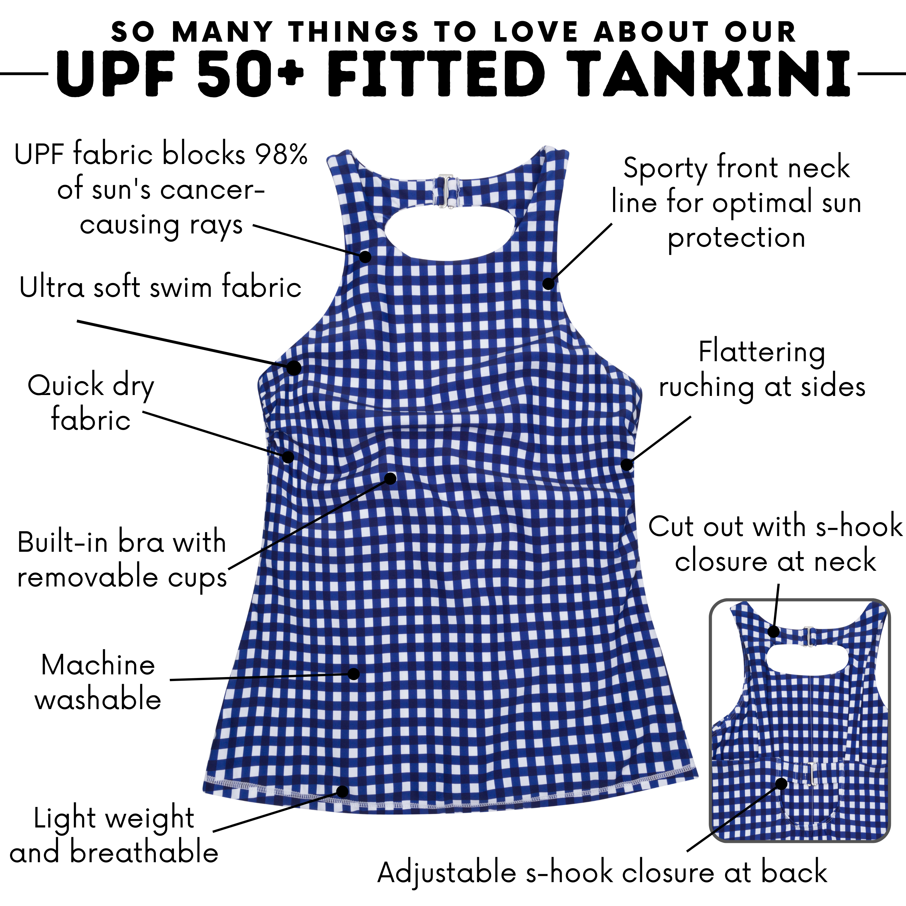 Women’s High Neck Fitted Tankini Top | “Navy Gingham”-SwimZip UPF 50+ Sun Protective Swimwear & UV Zipper Rash Guards-pos3