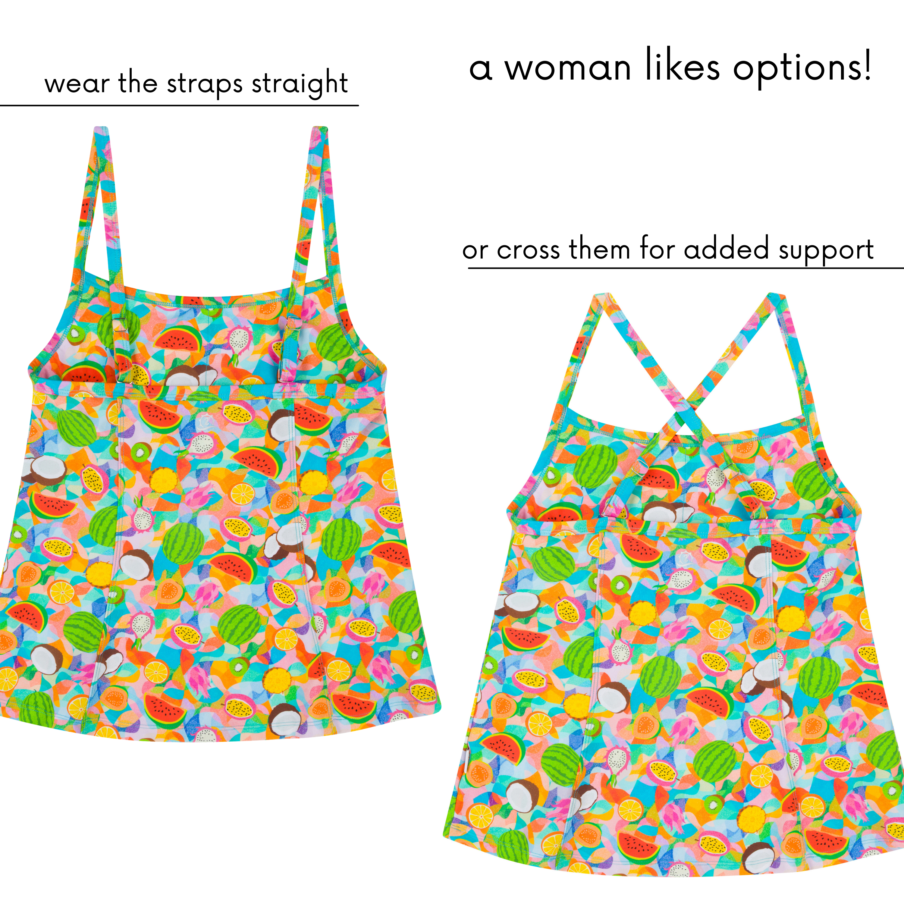Women’s Strappy A-Line Tankini Top | “Fruit Salad"-SwimZip UPF 50+ Sun Protective Swimwear & UV Zipper Rash Guards-pos6