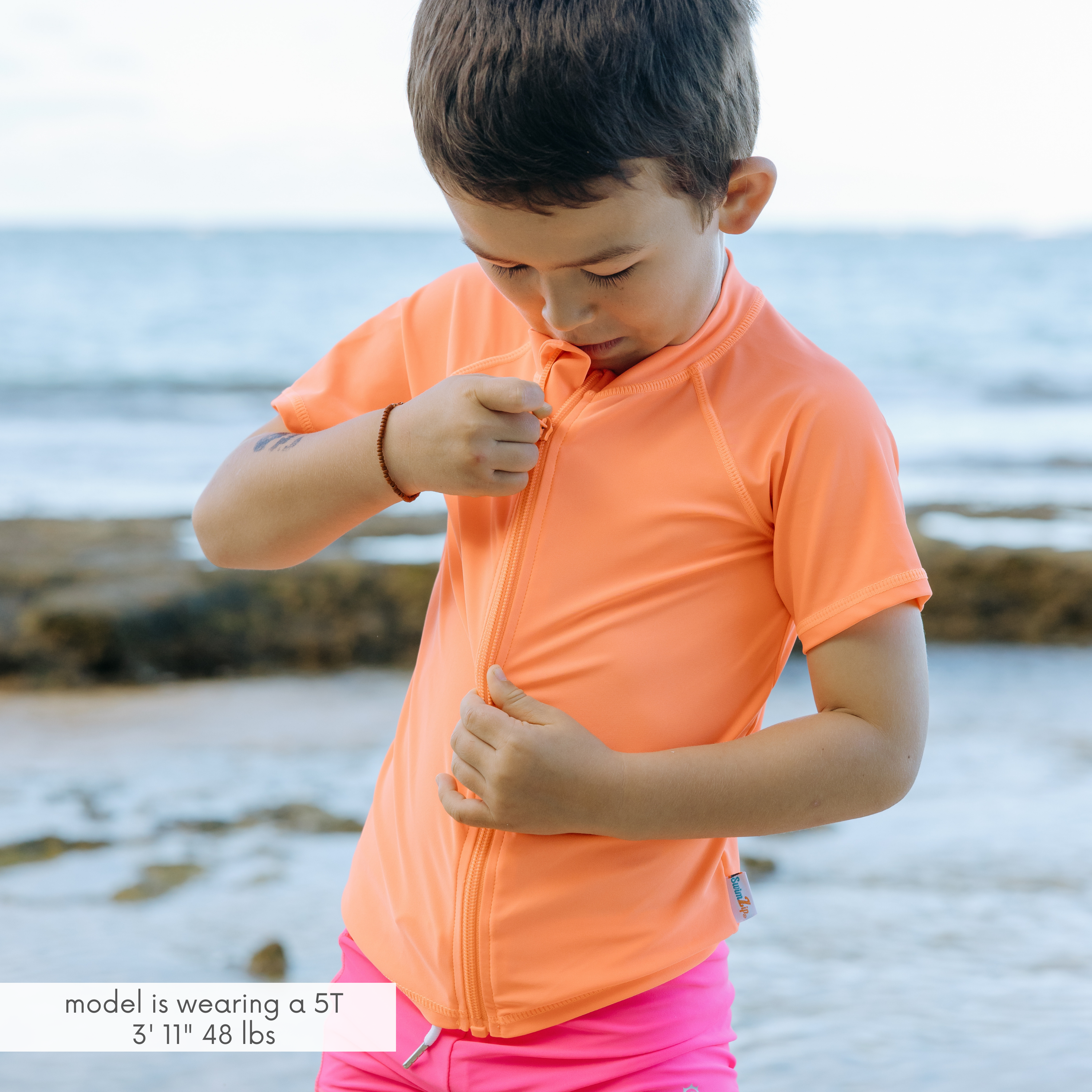 Kids Short Sleeve Zipper Rash Guard Swim Shirt | “Neon Orange”-SwimZip UPF 50+ Sun Protective Swimwear & UV Zipper Rash Guards-pos2