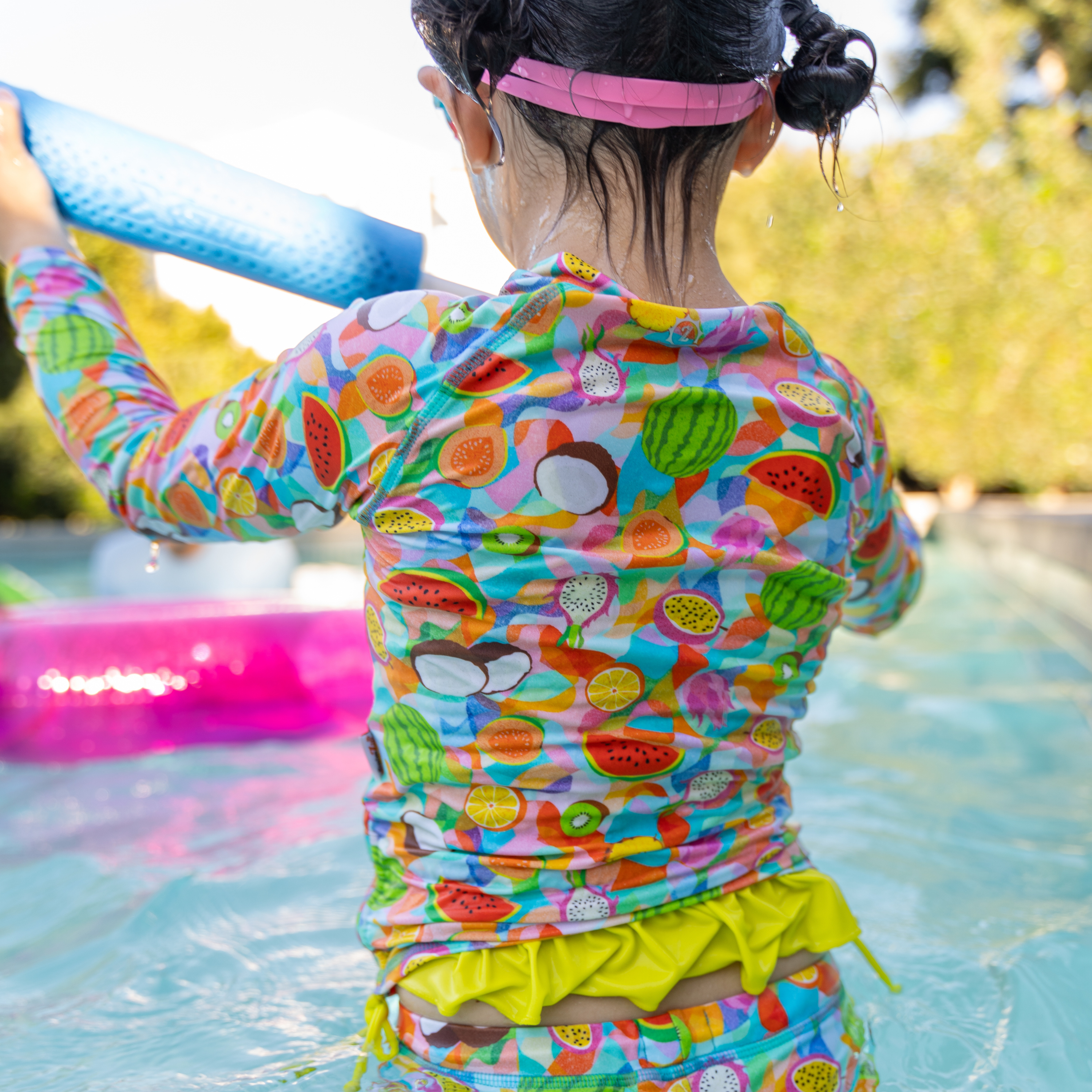 Girls Long Sleeve Rash Guard + Smocked Tankini Shorts Set (3 Piece) | "Fruit Salad"-SwimZip UPF 50+ Sun Protective Swimwear & UV Zipper Rash Guards-pos12