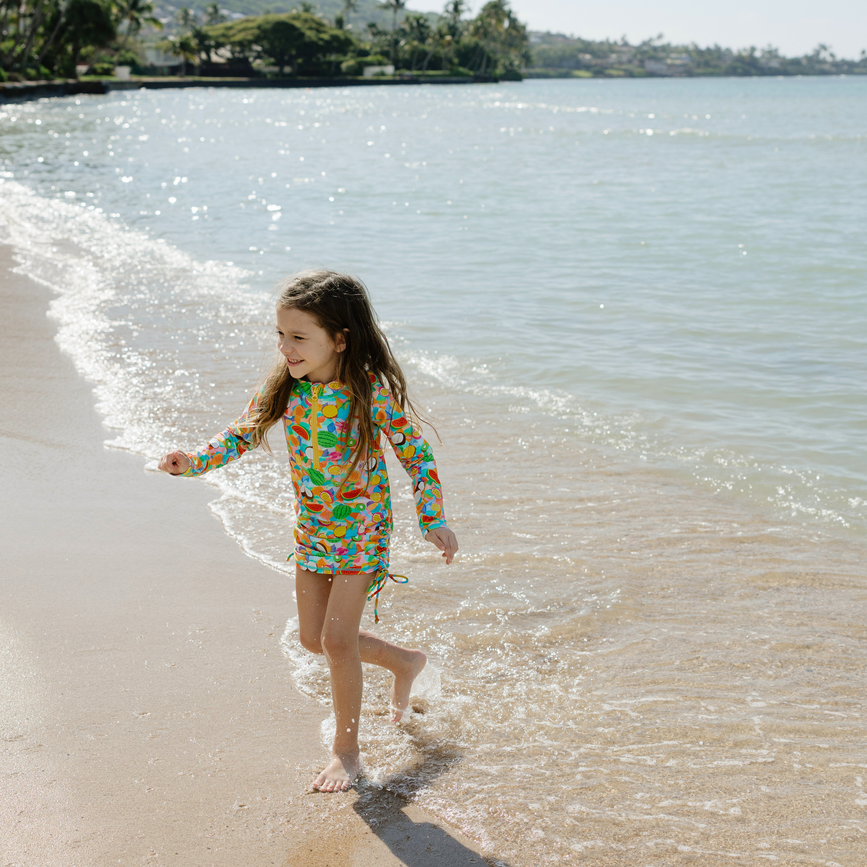 Girls Long Sleeve Swim Dress Cover Up | "Fruit Salad"-SwimZip UPF 50+ Sun Protective Swimwear & UV Zipper Rash Guards-pos8