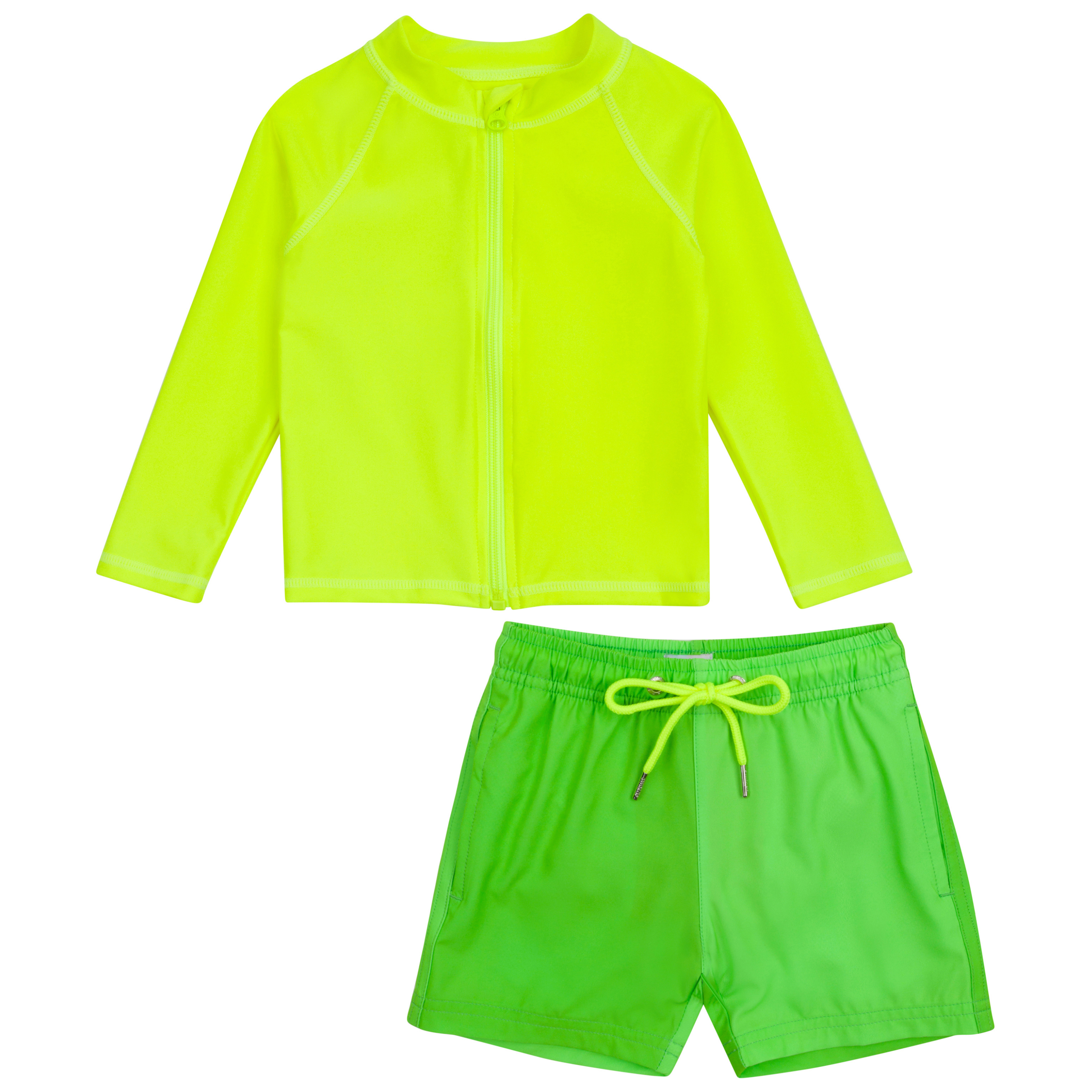 Boys Long Sleeve Zipper Rash Guard and Swim Trunk Set | "Neon Green"-6-12 Month-Neon Green-SwimZip UPF 50+ Sun Protective Swimwear & UV Zipper Rash Guards-pos1