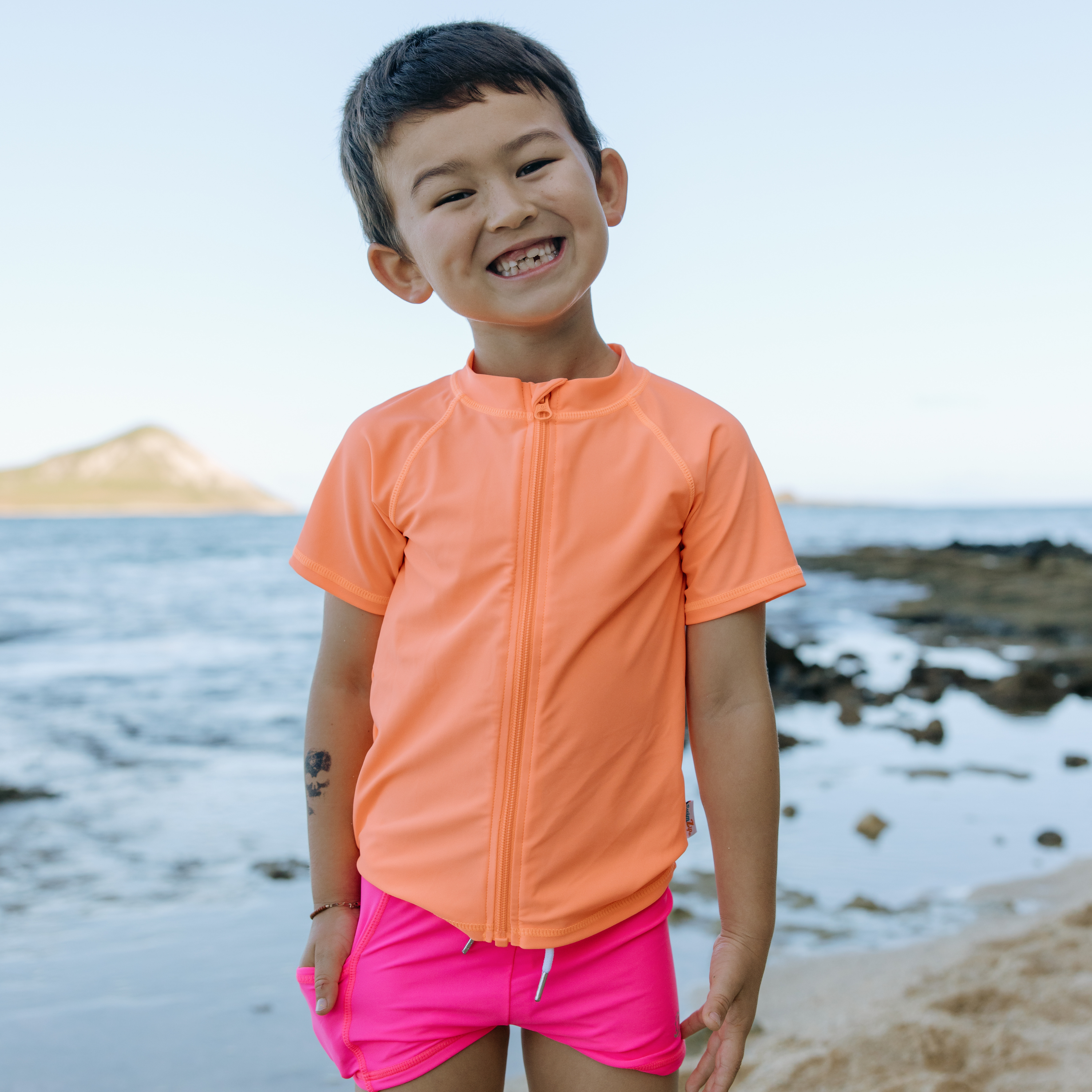 Kids Short Sleeve Zipper Rash Guard Swim Shirt | “Neon Orange”-SwimZip UPF 50+ Sun Protective Swimwear & UV Zipper Rash Guards-pos4