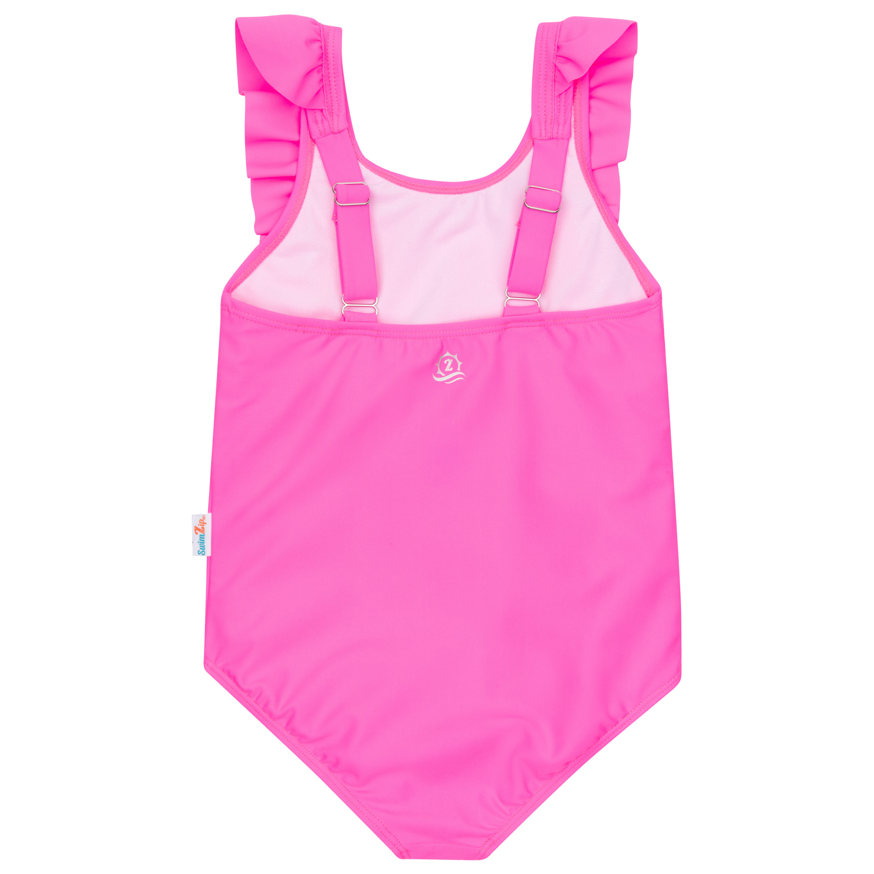 Girls Ruffle One-Piece Swimsuit | "Too Sweet" Neon Pink-SwimZip UPF 50+ Sun Protective Swimwear & UV Zipper Rash Guards-pos12