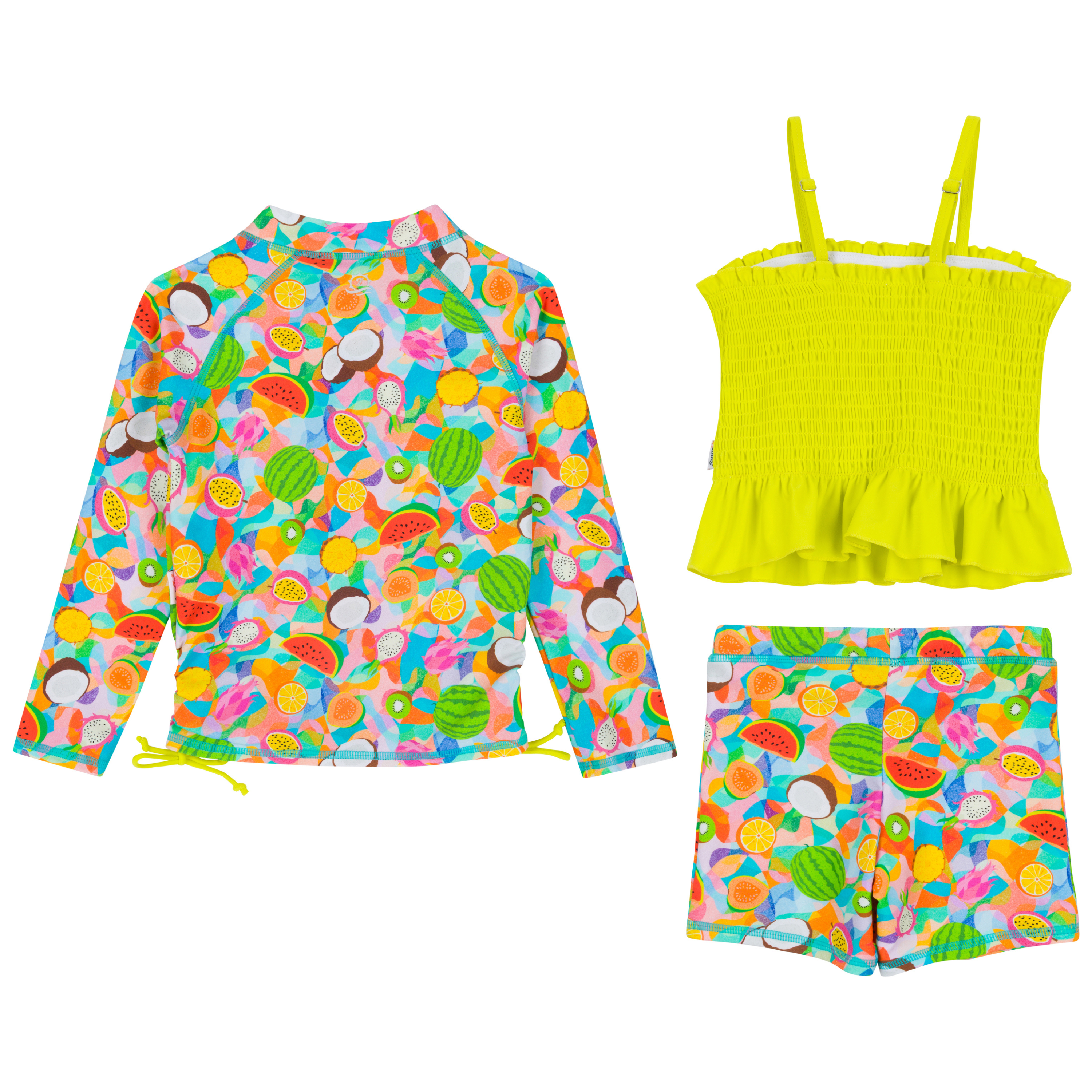 Girls Long Sleeve Rash Guard + Smocked Tankini Shorts Set (3 Piece) | "Fruit Salad"-SwimZip UPF 50+ Sun Protective Swimwear & UV Zipper Rash Guards-pos13