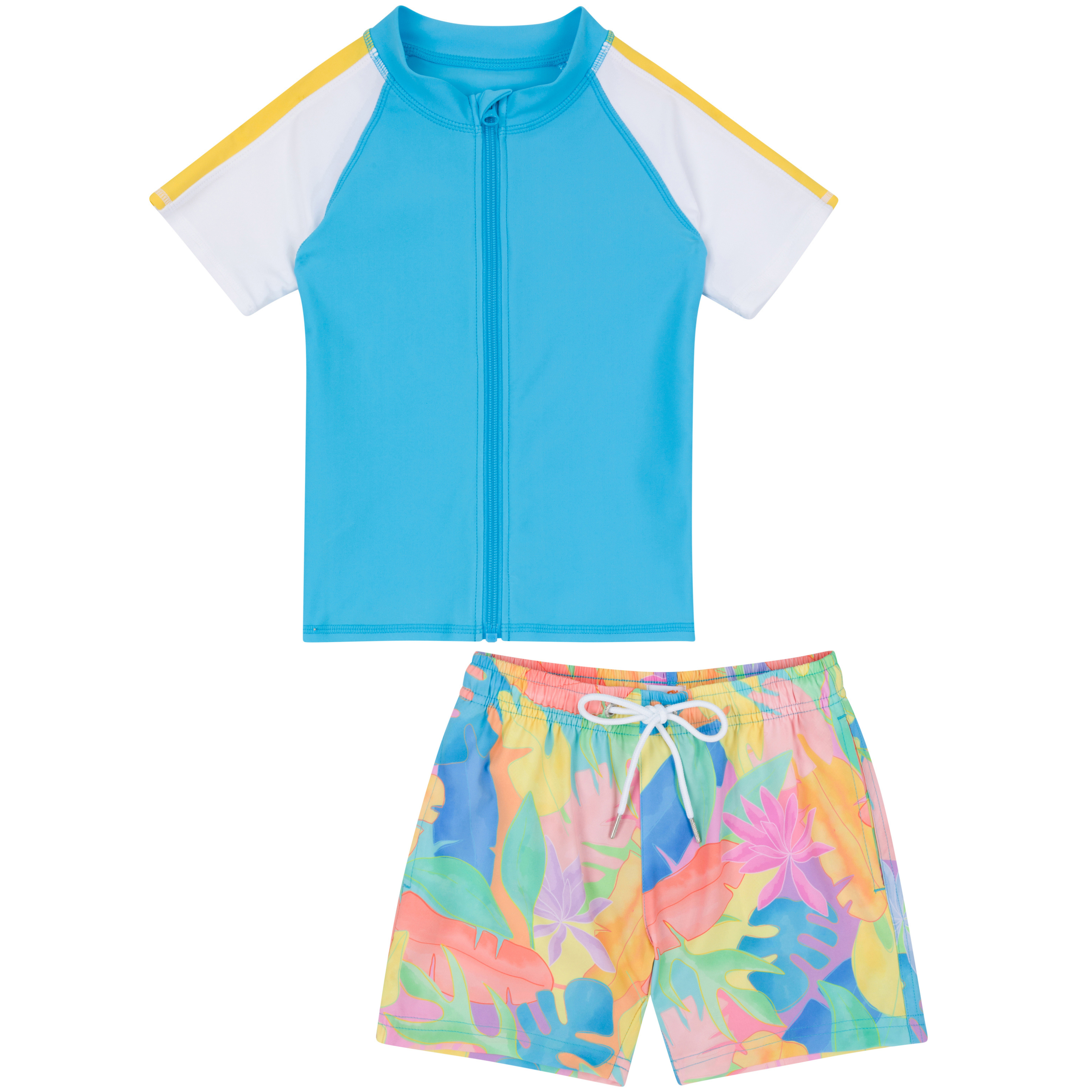 Boys Short Sleeve Zipper Rash Guard and Swim Trunk Set | "Vibrant Vacay"-6-12 Month-Vibrant Vacay-SwimZip UPF 50+ Sun Protective Swimwear & UV Zipper Rash Guards-pos1