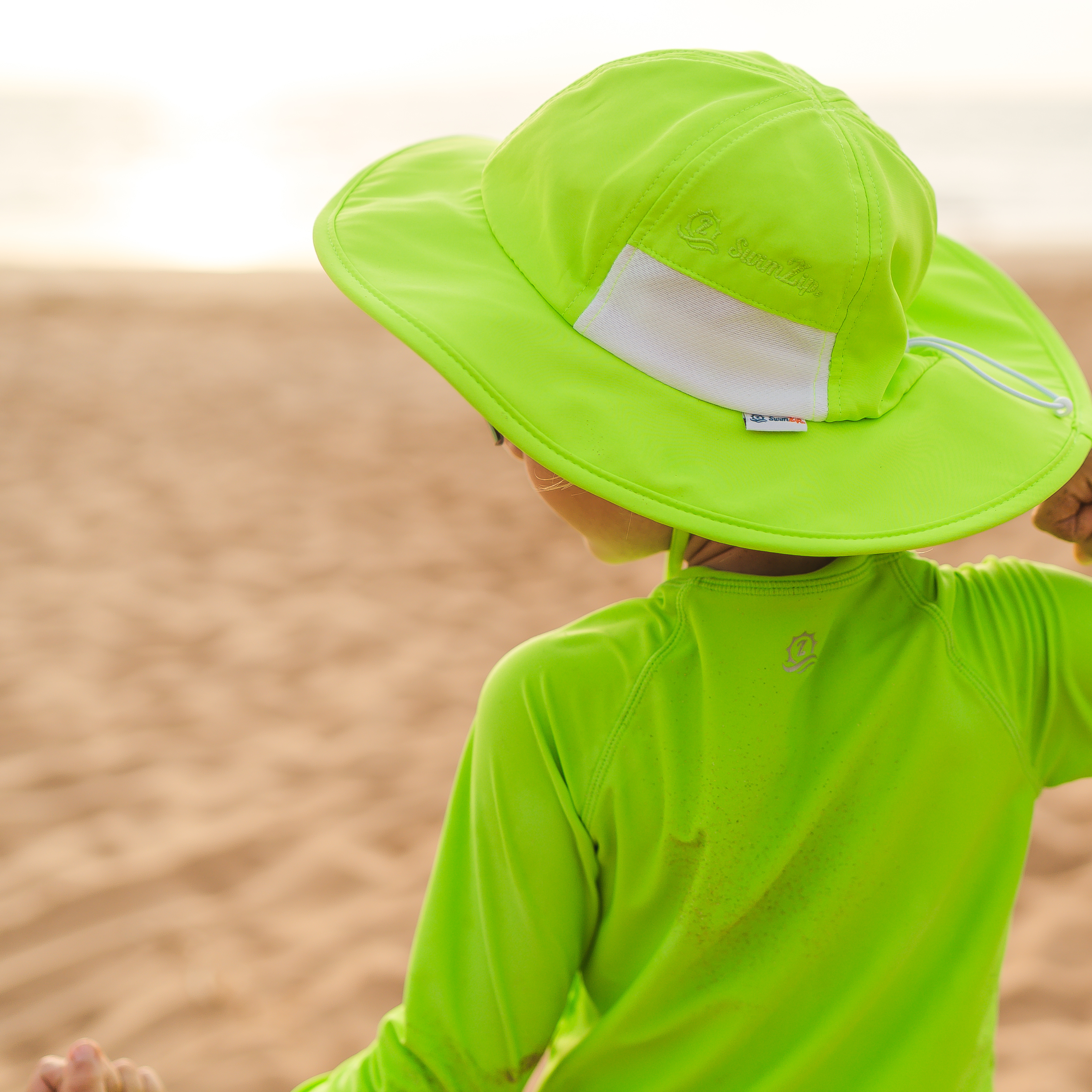 Kids Wide Brim Sun Hat "Fun Sun Day Play Hat" - Neon Lime Green-SwimZip UPF 50+ Sun Protective Swimwear & UV Zipper Rash Guards-pos5