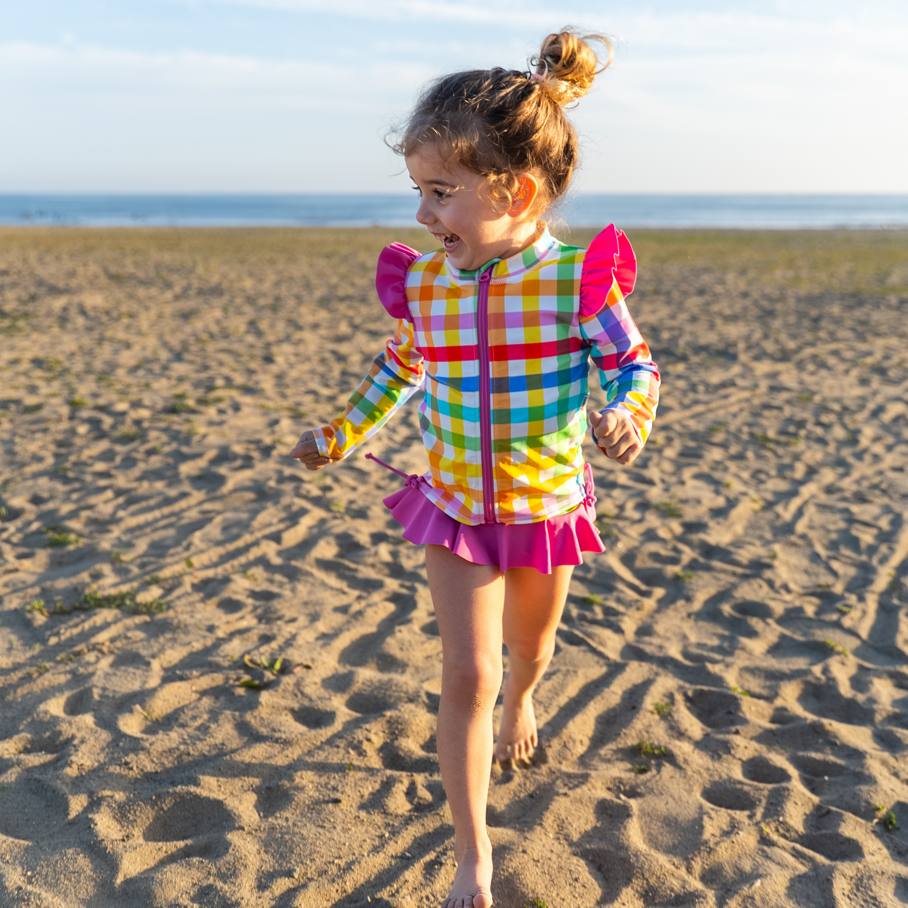 Girls Long Sleeve Rash Guard Ruffle Bottom Swimsuit Set (2 Piece) | "Picnic Party"-SwimZip UPF 50+ Sun Protective Swimwear & UV Zipper Rash Guards-pos2