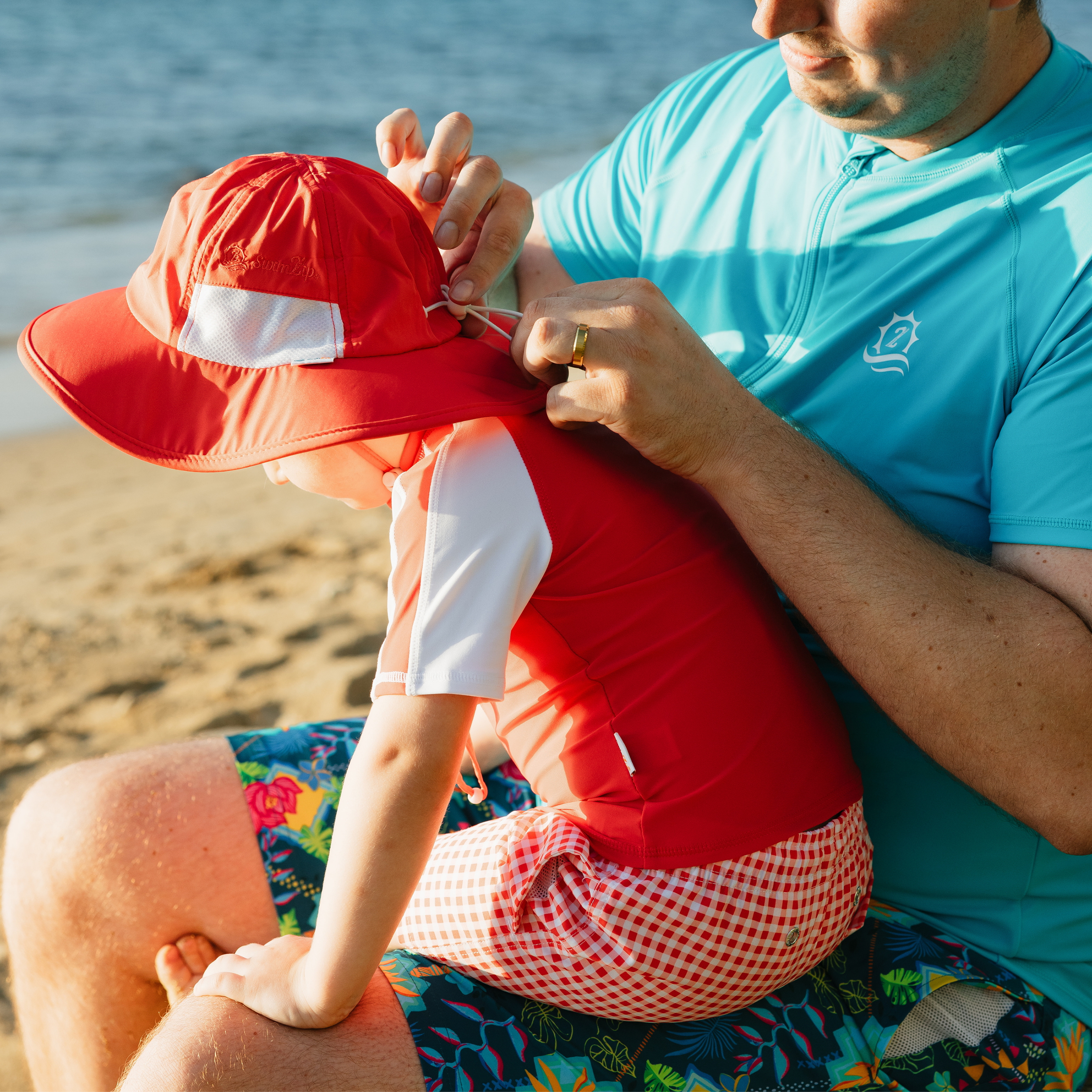 Boys Short Sleeve Zipper Rash Guard and Swim Trunk Set | "Red Gingham"-SwimZip UPF 50+ Sun Protective Swimwear & UV Zipper Rash Guards-pos12