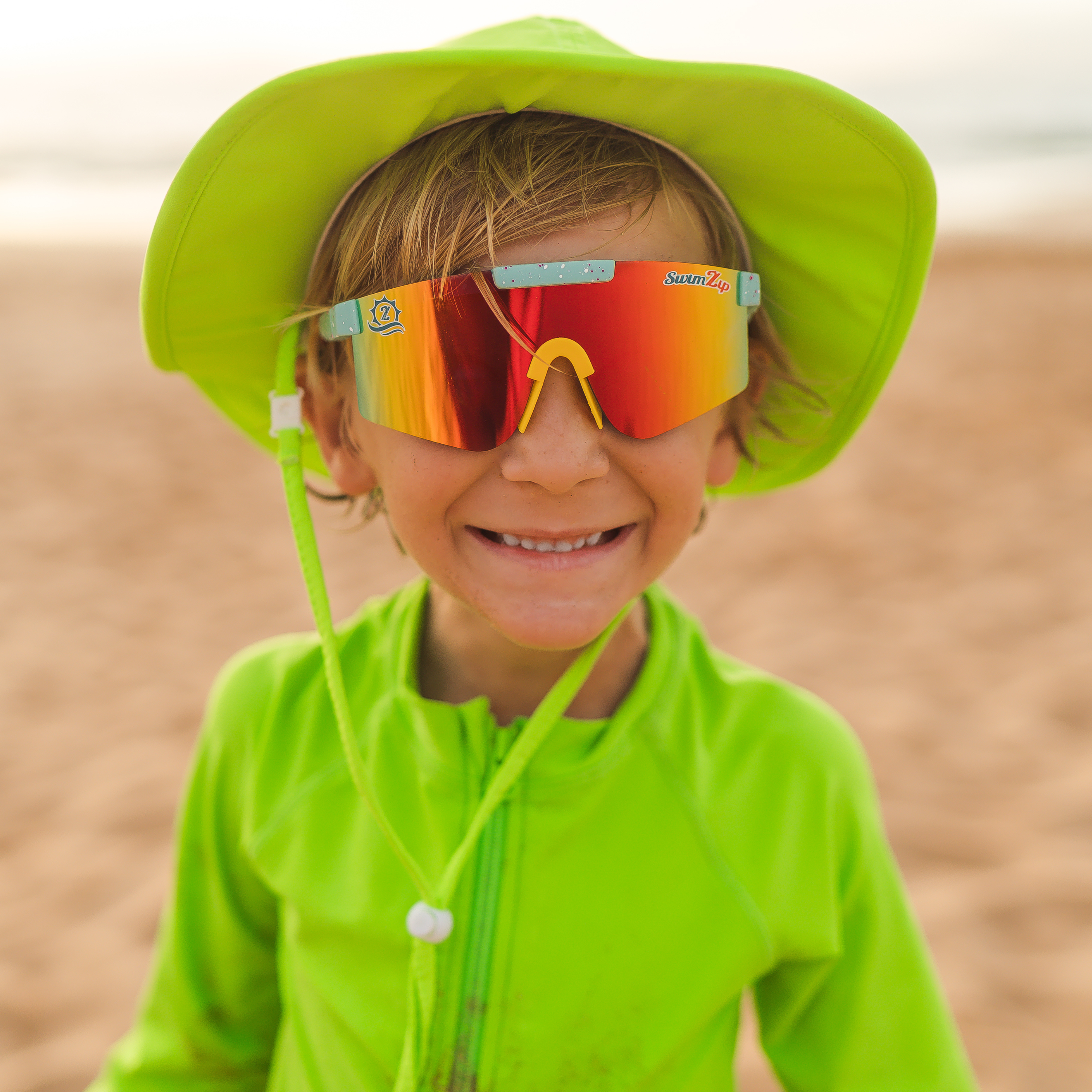 Kids Wide Brim Sun Hat "Fun Sun Day Play Hat" - Neon Lime Green-SwimZip UPF 50+ Sun Protective Swimwear & UV Zipper Rash Guards-pos2