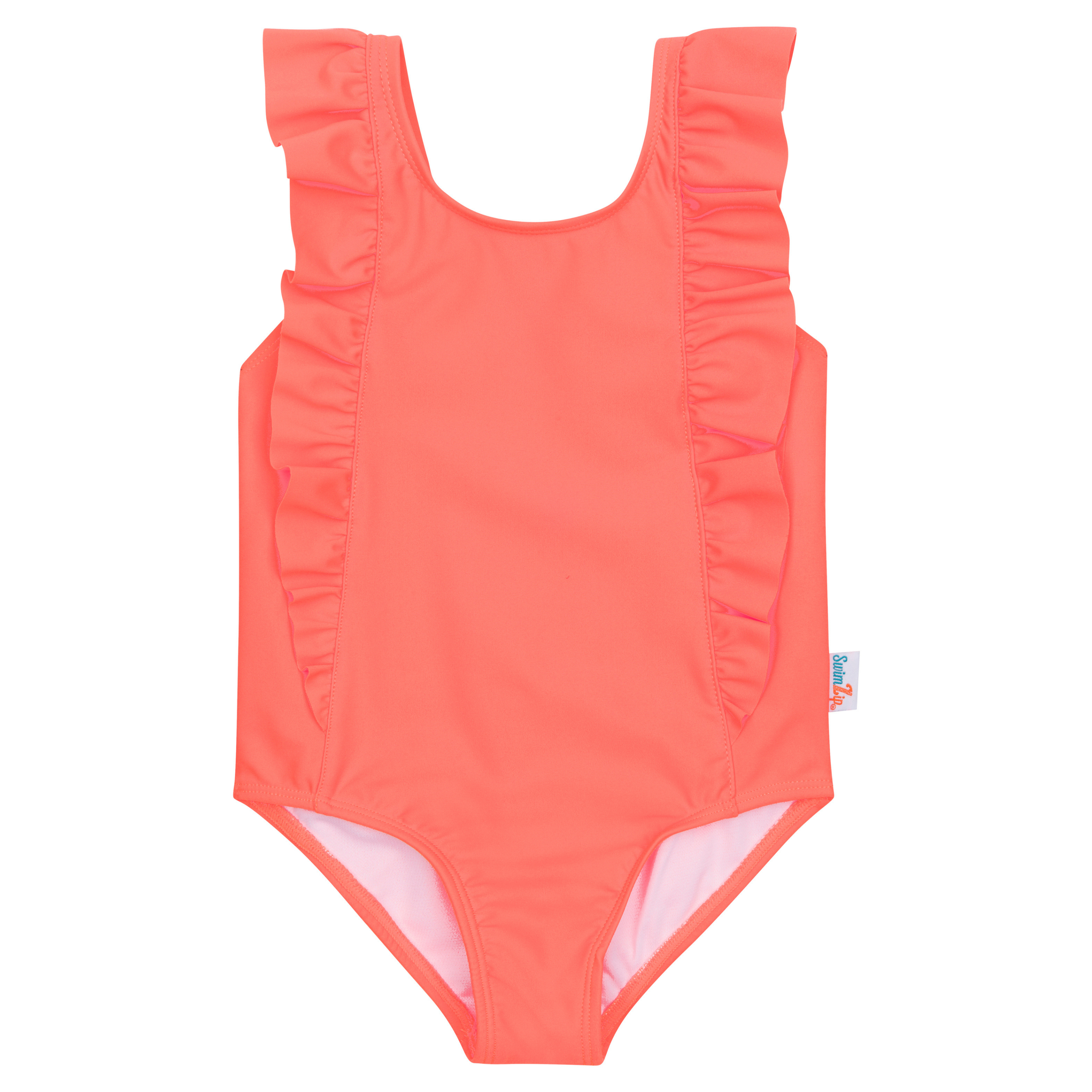 Girls Ruffle One-Piece Swimsuit | "Too Sweet" Neon Orange-6-12 Month-Neon Orange-SwimZip UPF 50+ Sun Protective Swimwear & UV Zipper Rash Guards-pos1
