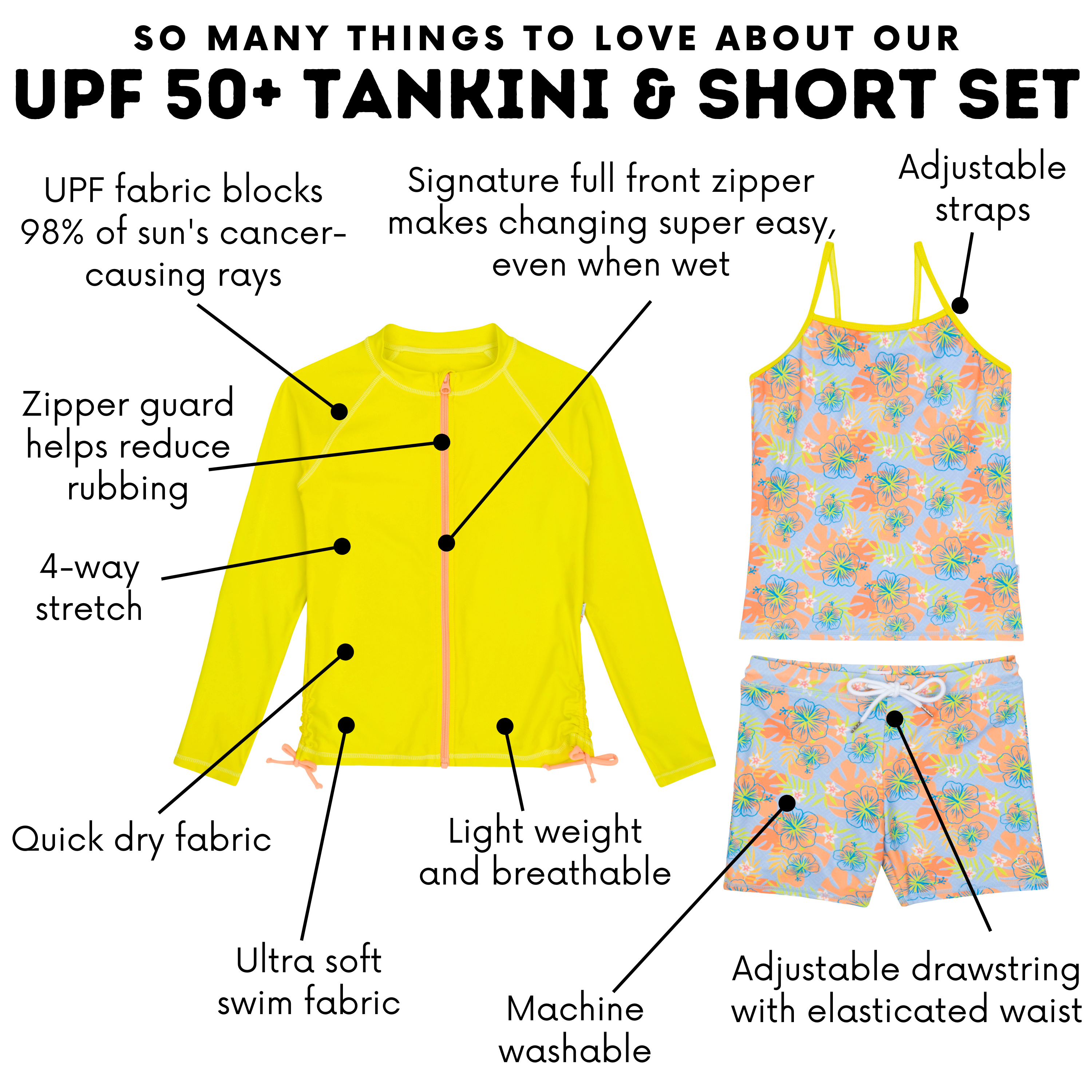 Girls Long Sleeve Rash Guard + Tankini Shorts Set (3 Piece) | "Groovy"-SwimZip UPF 50+ Sun Protective Swimwear & UV Zipper Rash Guards-pos4