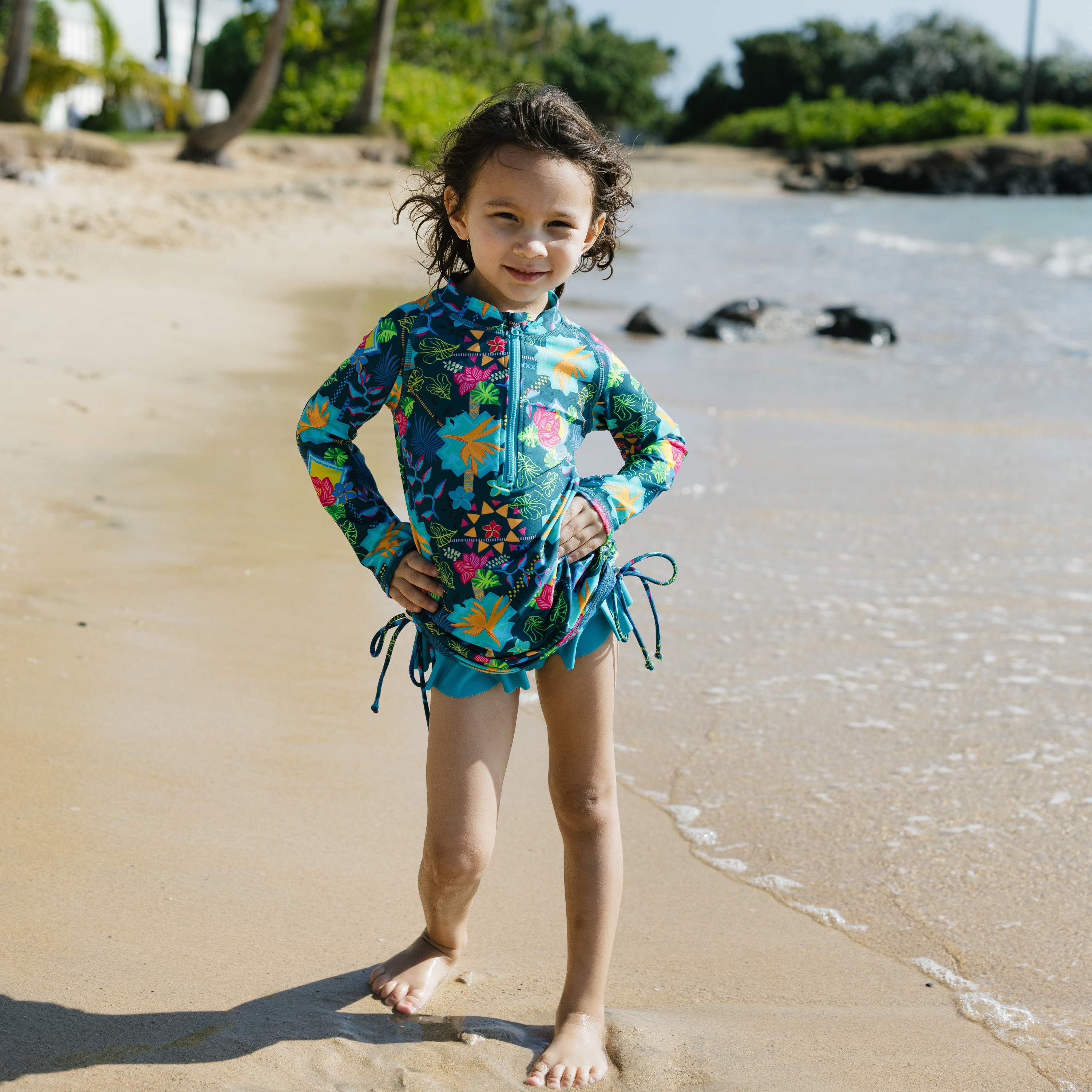 Girls Long Sleeve Swim Dress Cover Up | "Summer Max"-SwimZip UPF 50+ Sun Protective Swimwear & UV Zipper Rash Guards-pos10