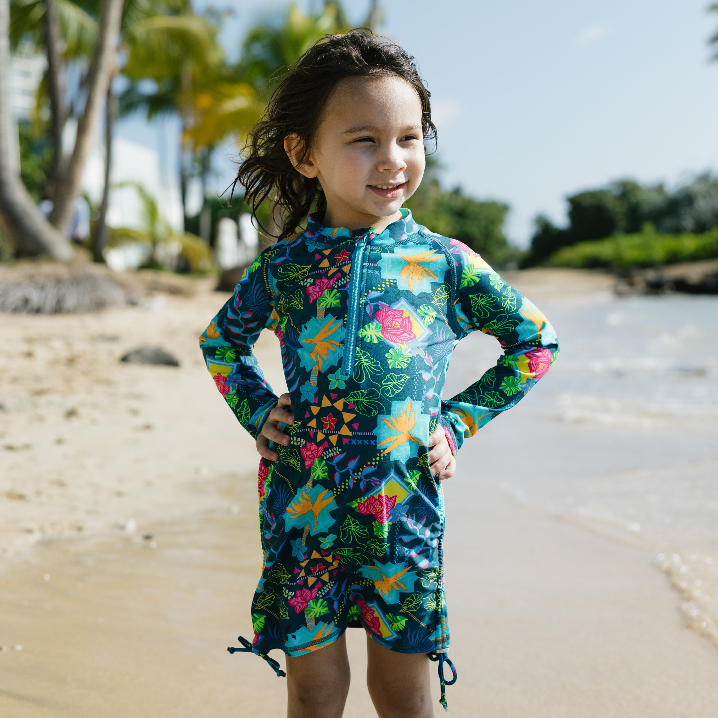 Girls Long Sleeve Swim Dress Cover Up | "Summer Max"-SwimZip UPF 50+ Sun Protective Swimwear & UV Zipper Rash Guards-pos9