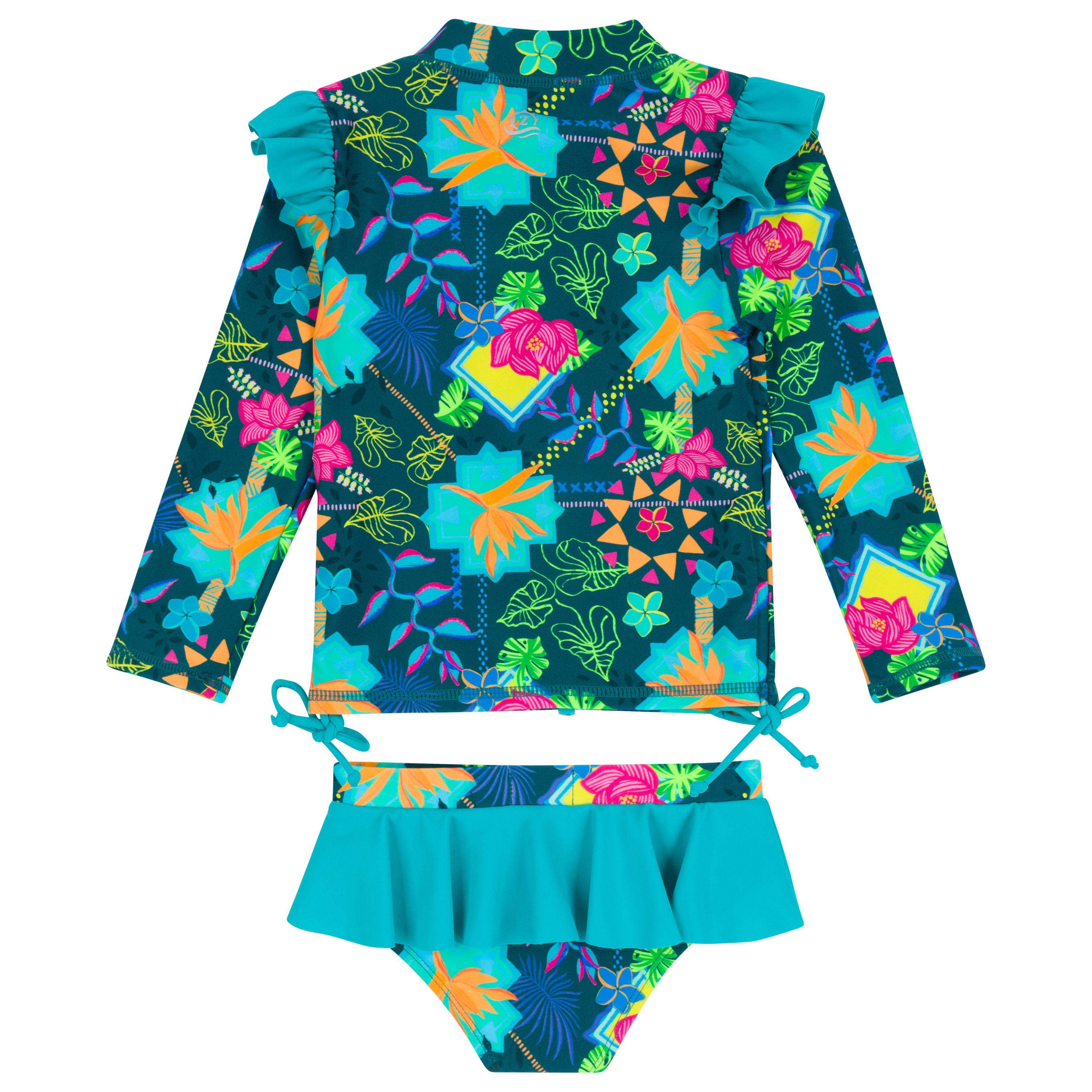 Girls Long Sleeve Rash Guard Ruffle Bottom Swimsuit Set (2 Piece) | "Summer Max"-SwimZip UPF 50+ Sun Protective Swimwear & UV Zipper Rash Guards-pos12