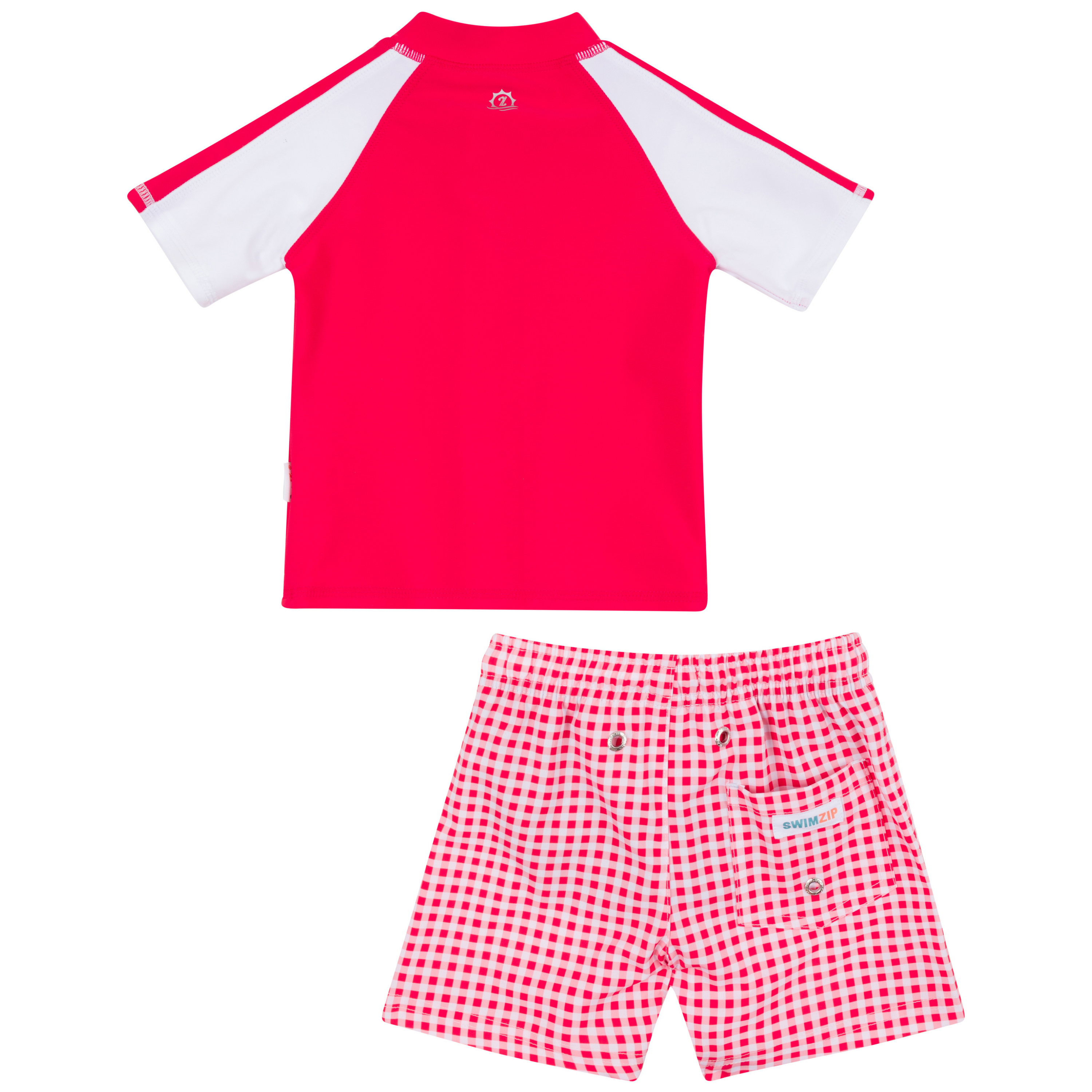 Boys Short Sleeve Zipper Rash Guard and Swim Trunk Set | "Red Gingham"-SwimZip UPF 50+ Sun Protective Swimwear & UV Zipper Rash Guards-pos10