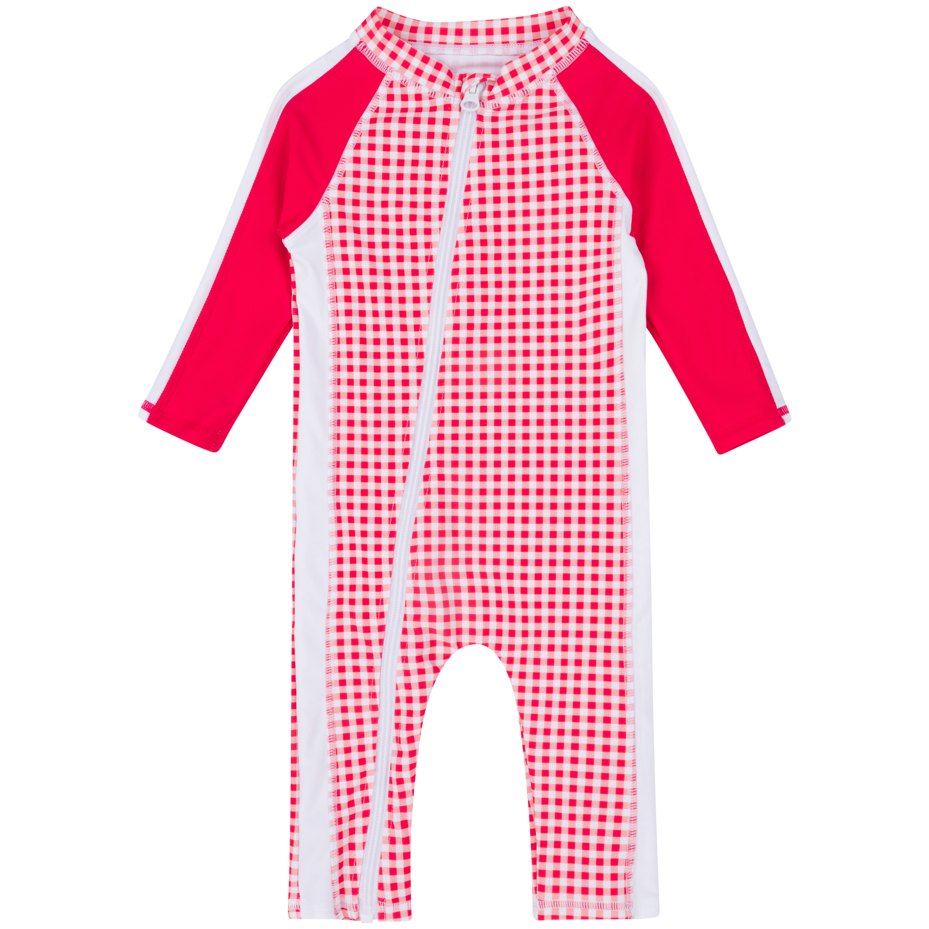 Sunsuit - Long Sleeve Romper Swimsuit | "Red Gingham"-0-6 Month-Red Gingham-SwimZip UPF 50+ Sun Protective Swimwear & UV Zipper Rash Guards-pos1