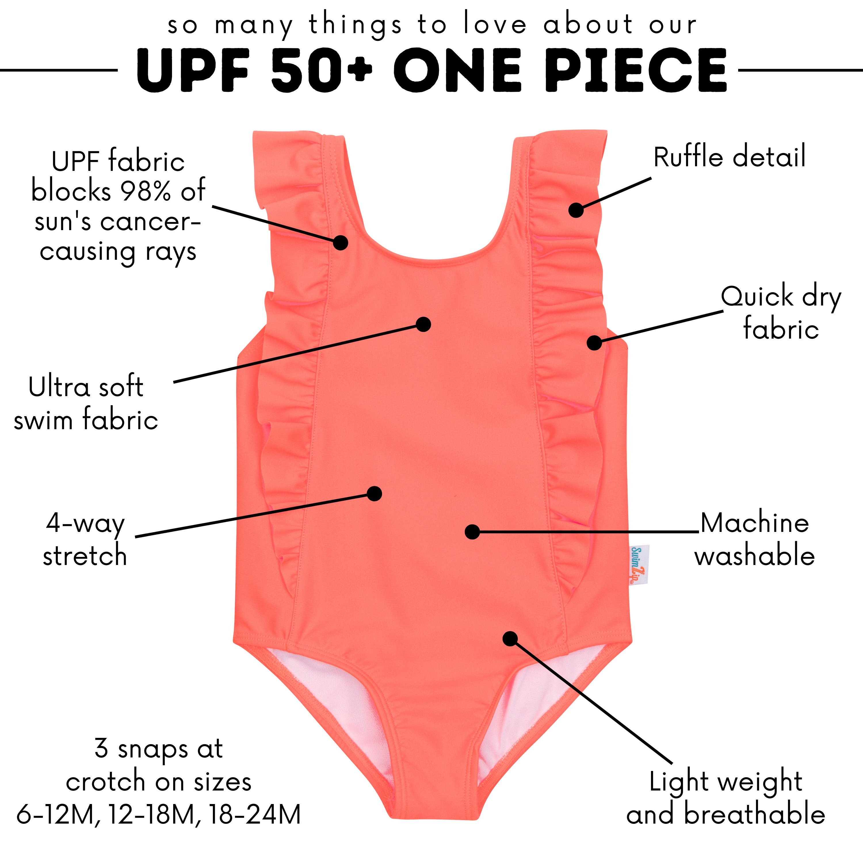 Girls Ruffle One-Piece Swimsuit | "Too Sweet" Neon Orange-SwimZip UPF 50+ Sun Protective Swimwear & UV Zipper Rash Guards-pos4